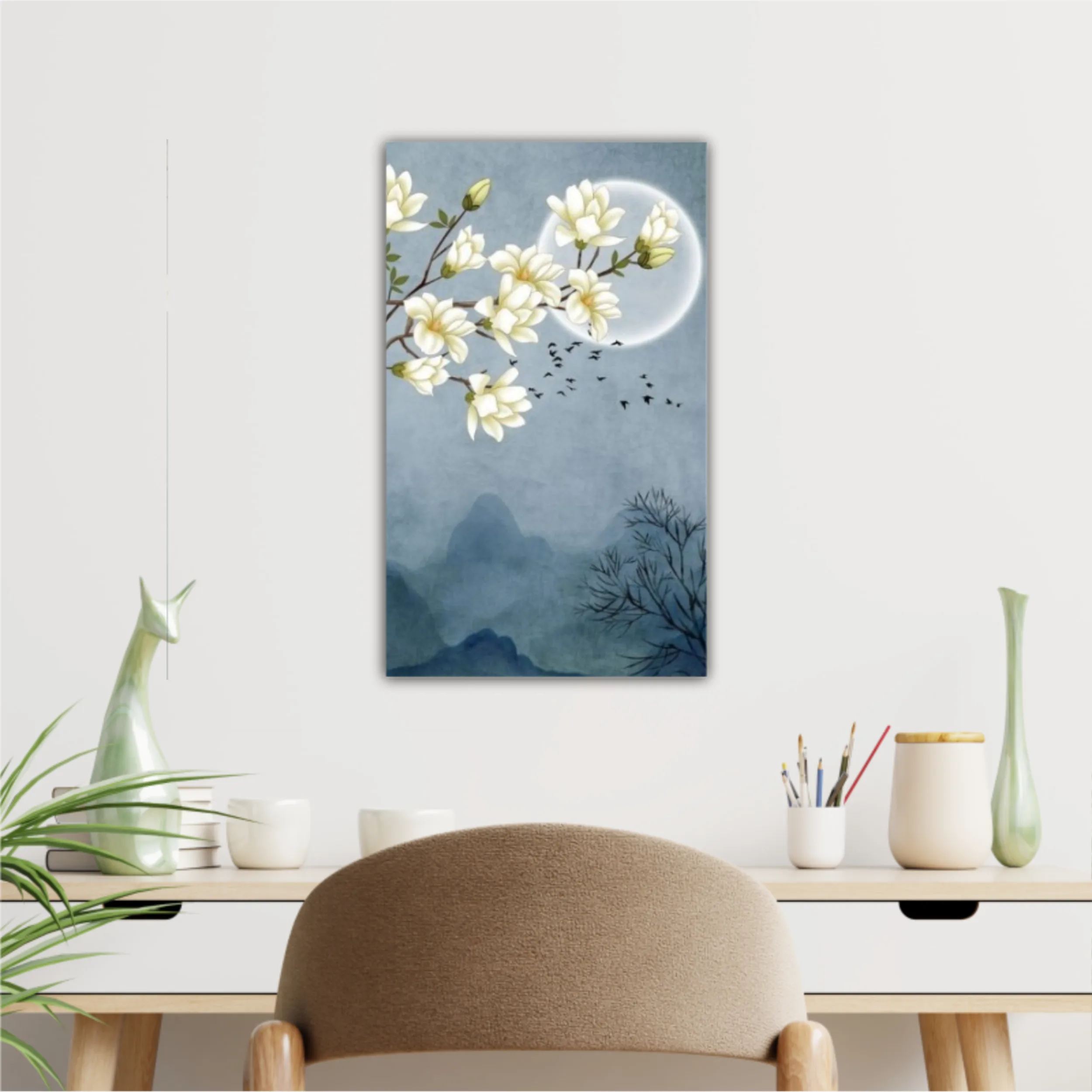 3d illustration of flowers, moon, flock of birds and mountains