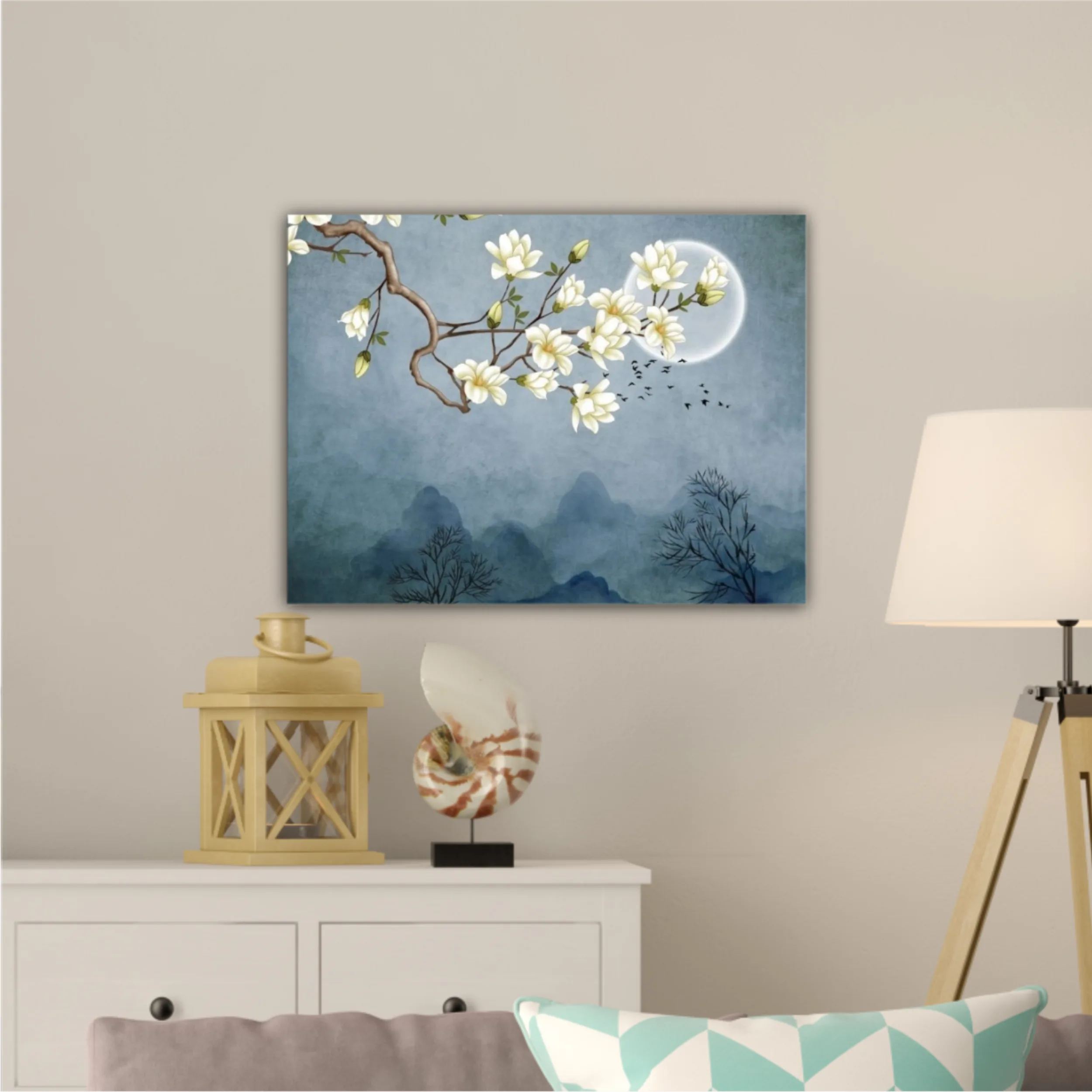 3d illustration of flowers, moon, flock of birds and mountains