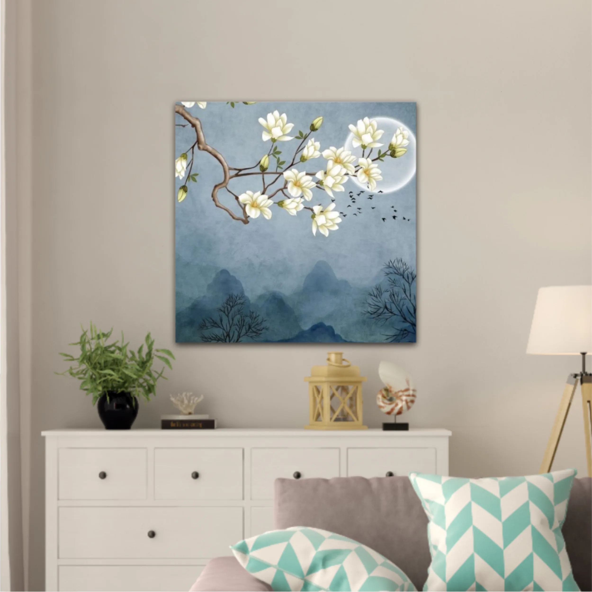 3d illustration of flowers, moon, flock of birds and mountains