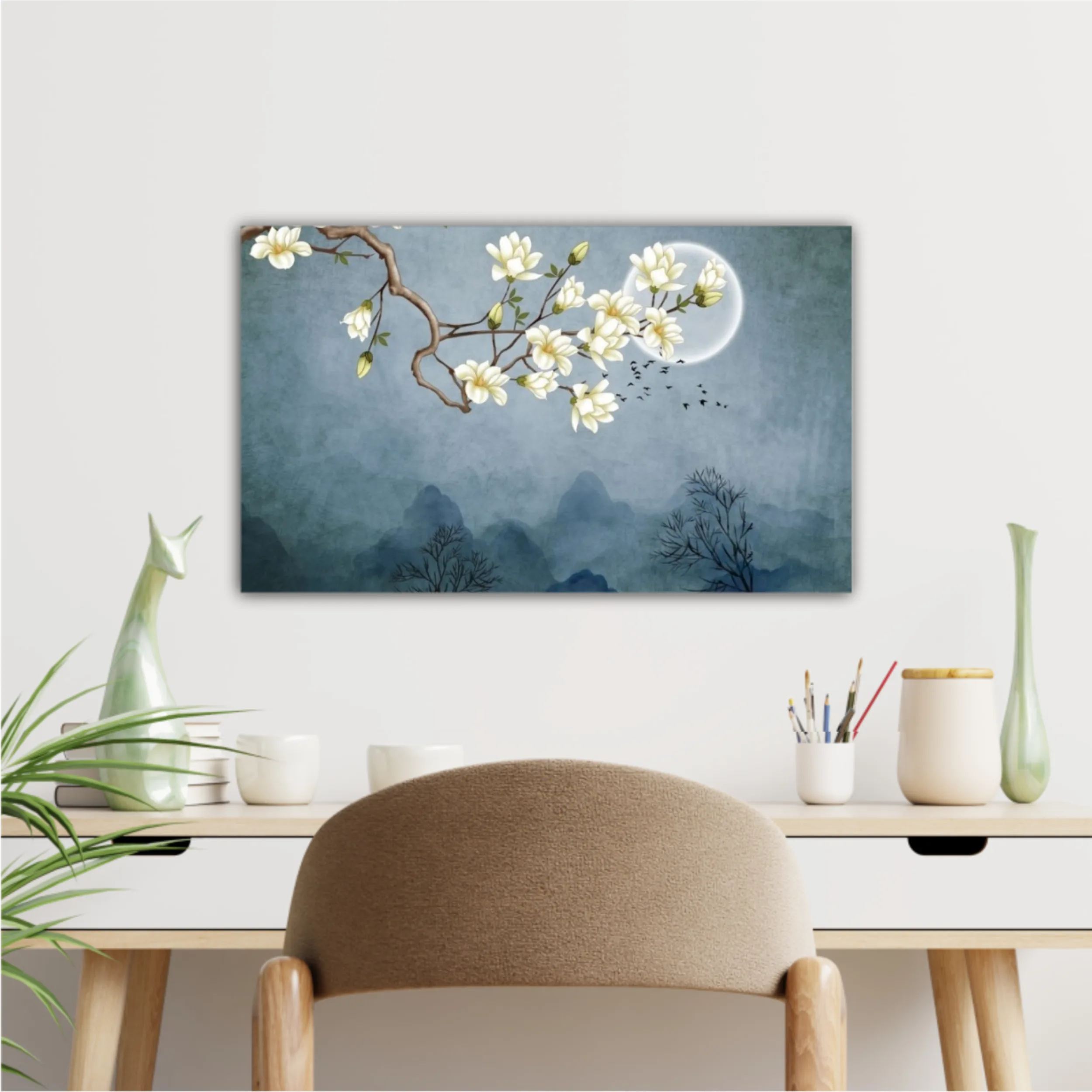 3d illustration of flowers, moon, flock of birds and mountains