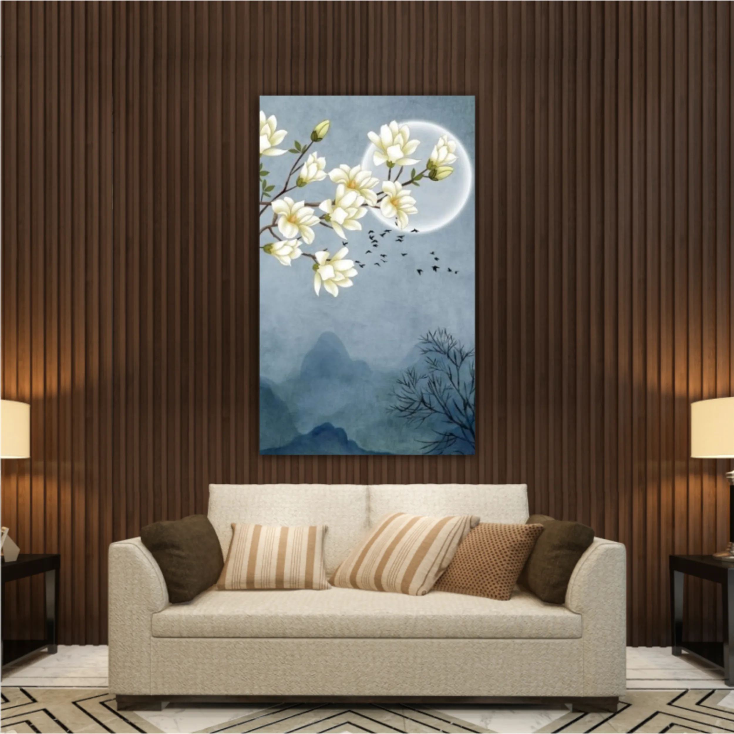 3d illustration of flowers, moon, flock of birds and mountains