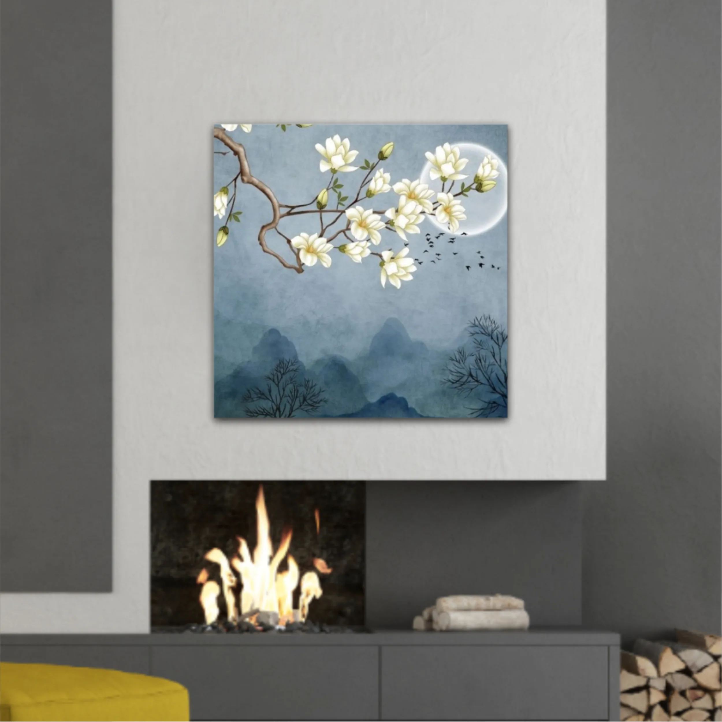 3d illustration of flowers, moon, flock of birds and mountains