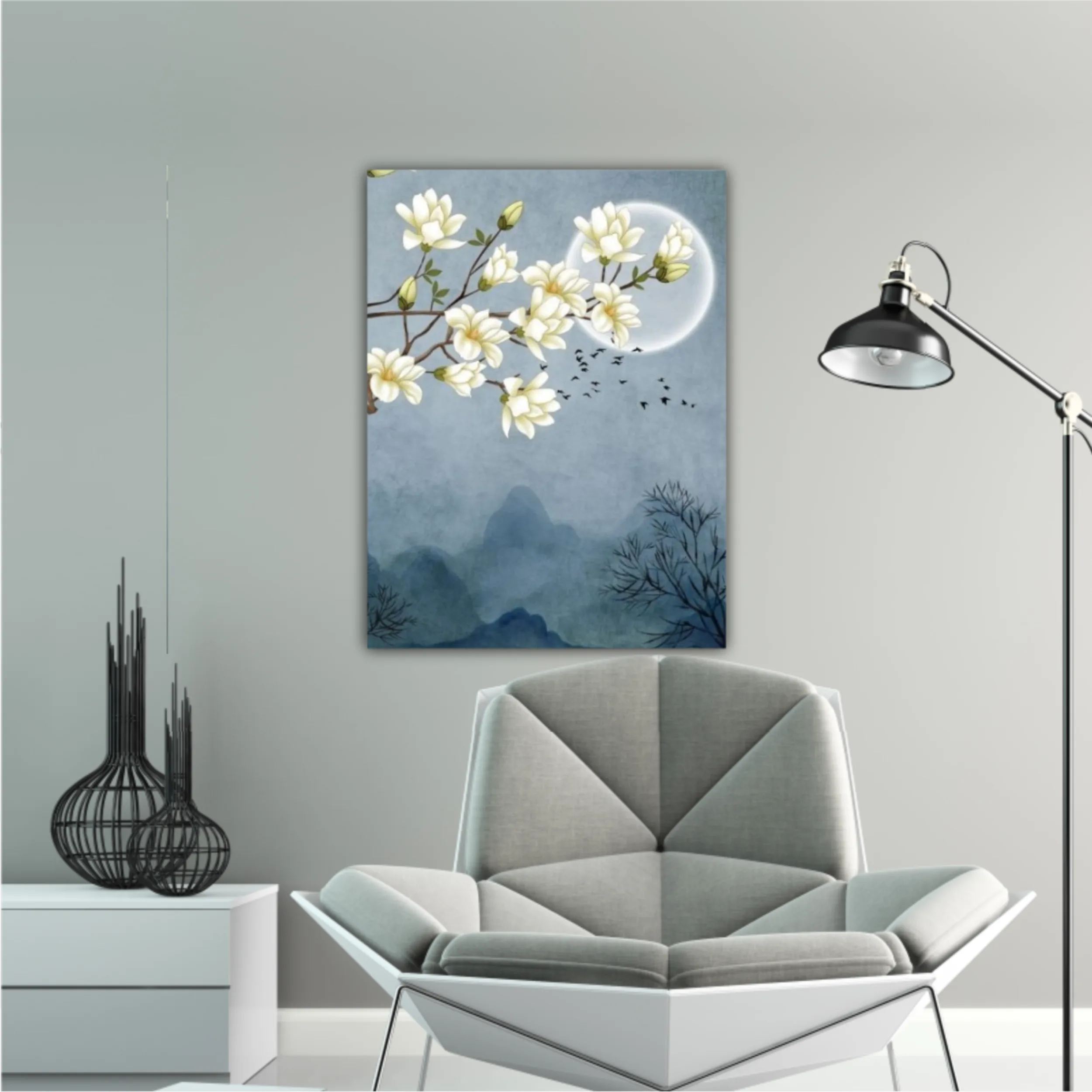 3d illustration of flowers, moon, flock of birds and mountains