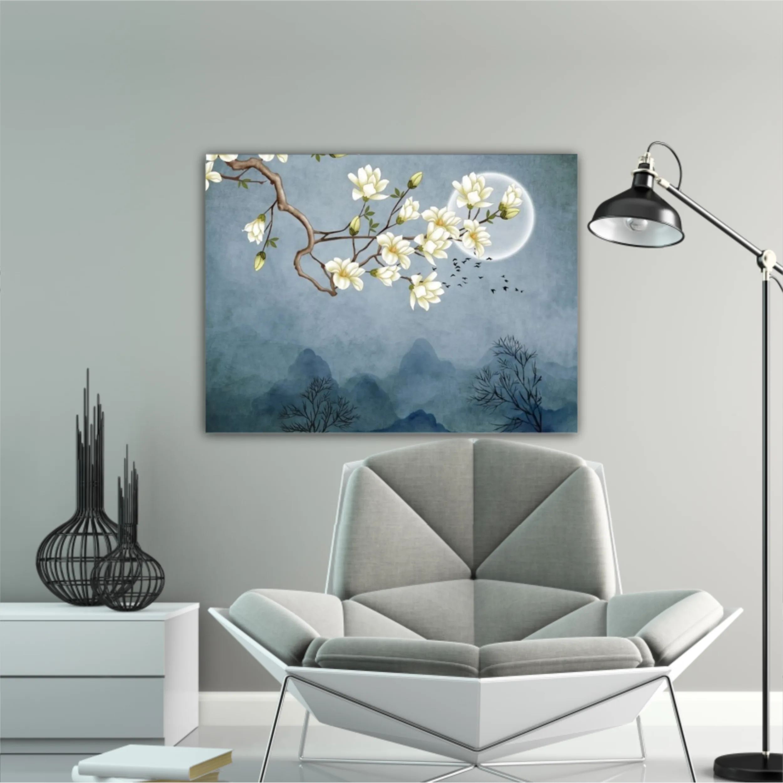 3d illustration of flowers, moon, flock of birds and mountains