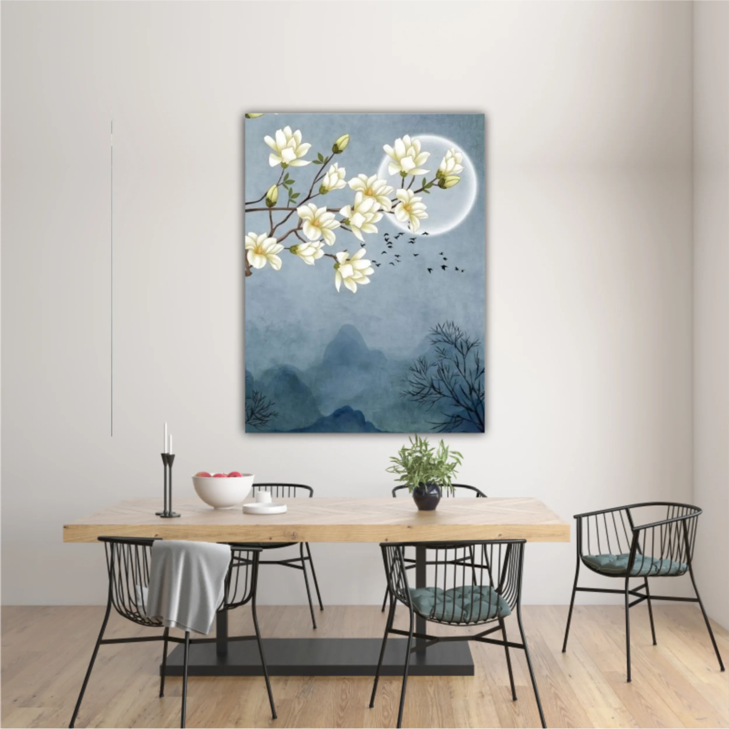 3d illustration of flowers, moon, flock of birds and mountains