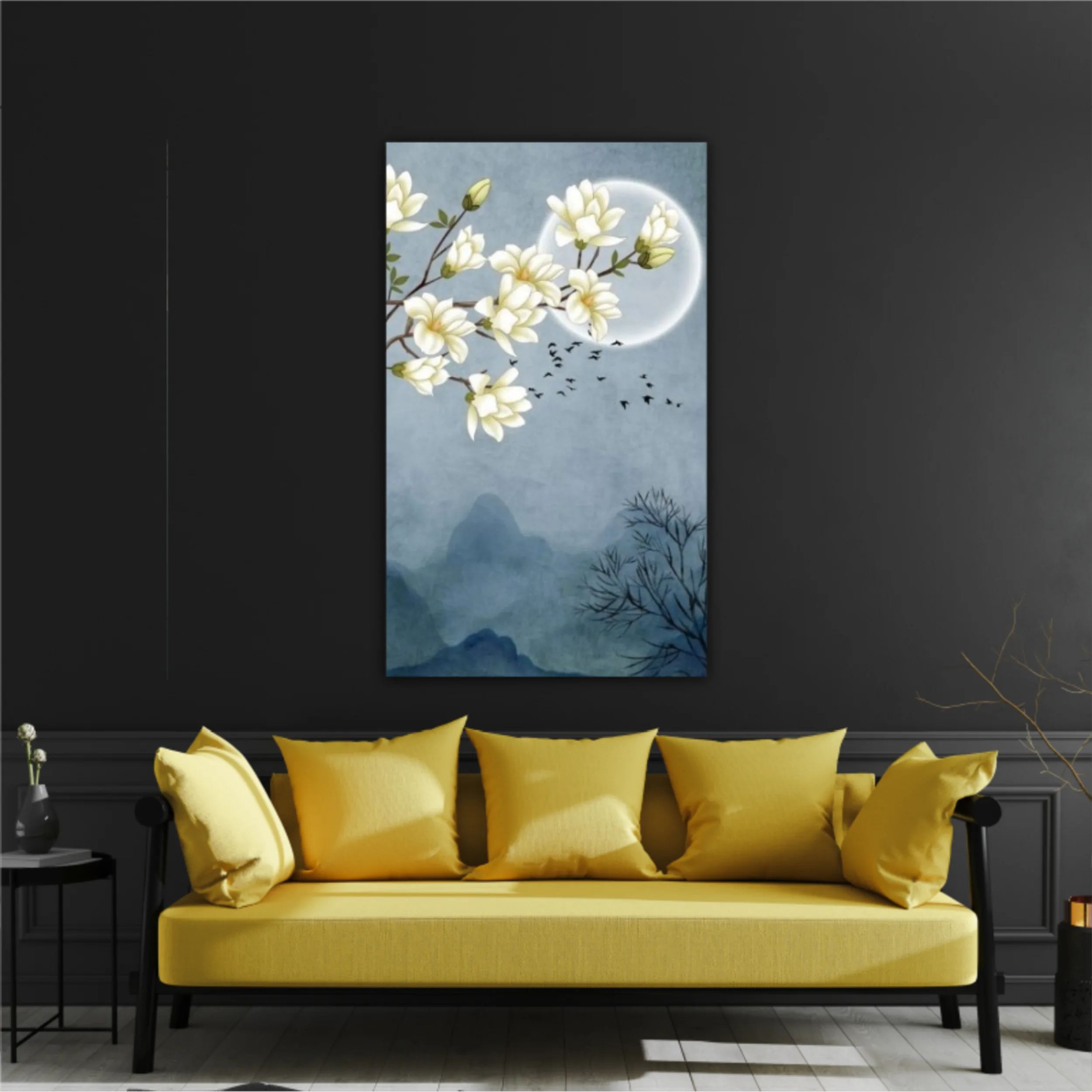 3d illustration of flowers, moon, flock of birds and mountains