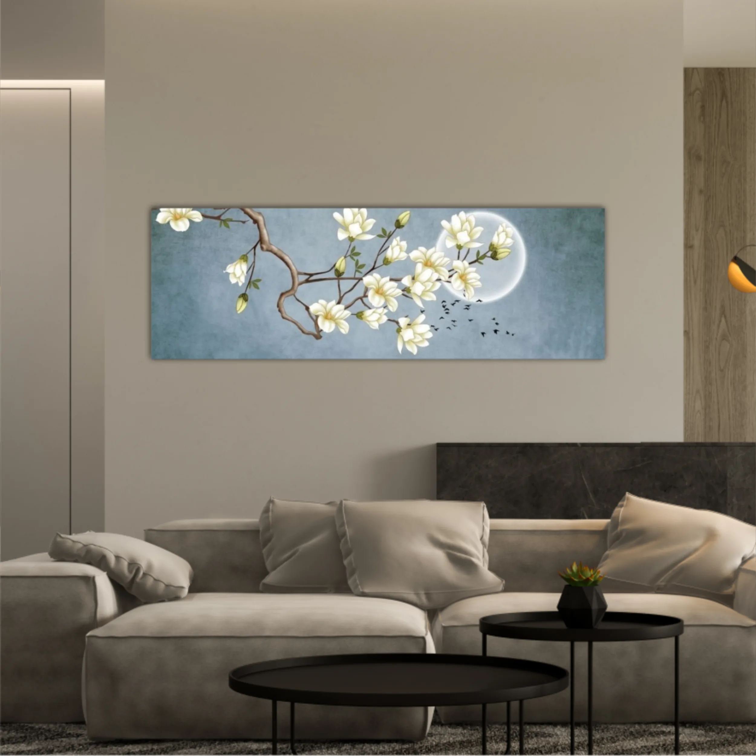 3d illustration of flowers, moon, flock of birds and mountains