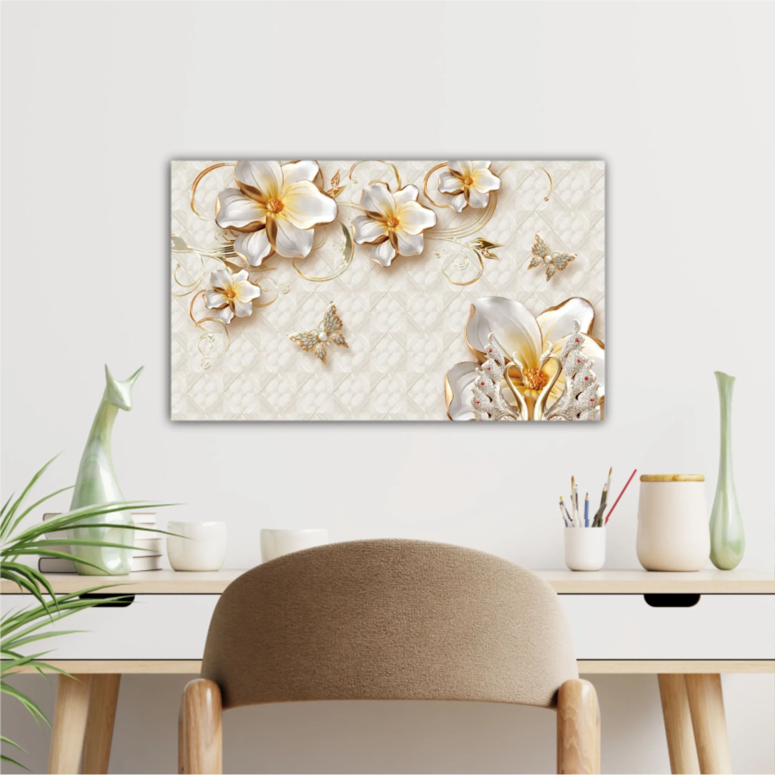 3d illustration of flowers, butterflies and swans