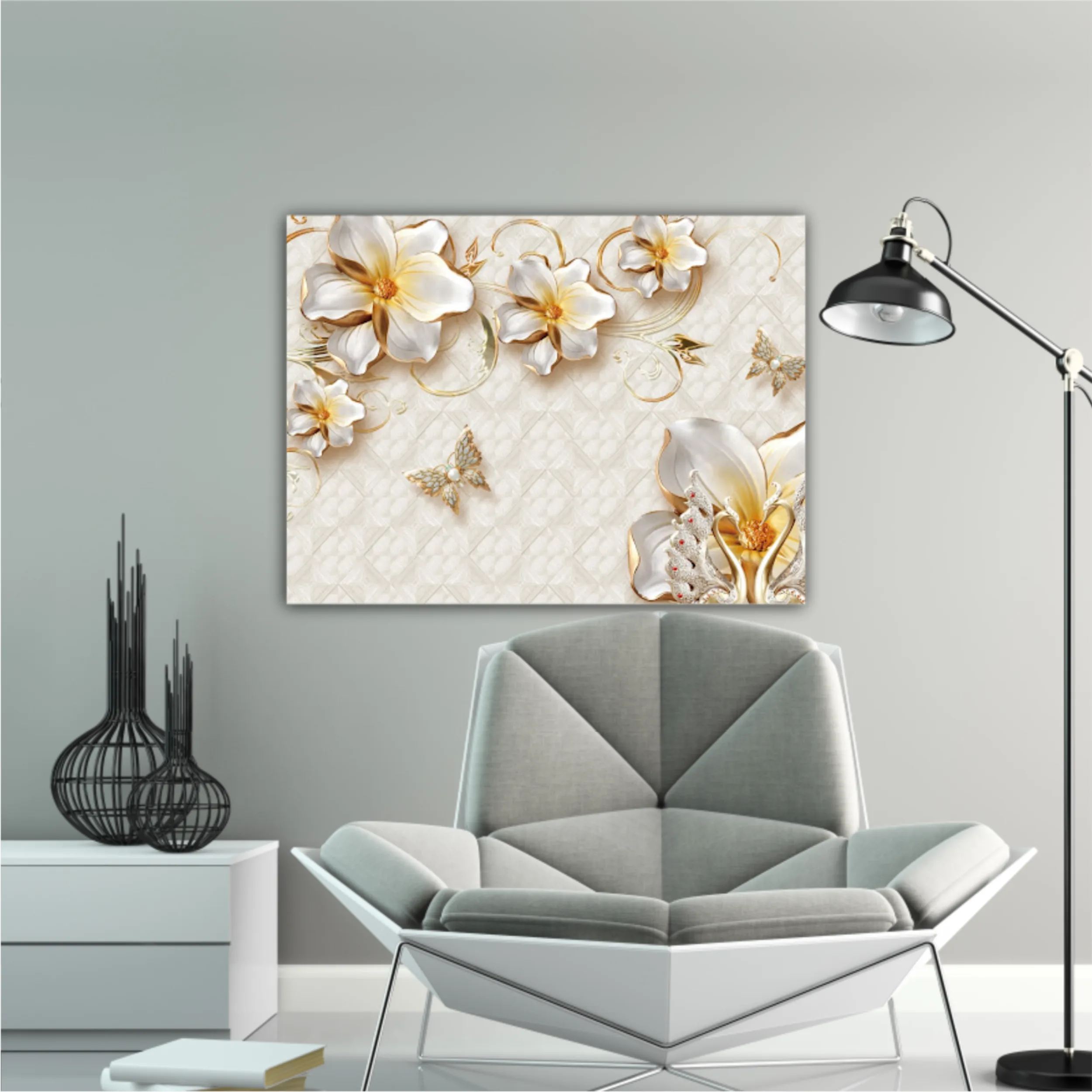 3d illustration of flowers, butterflies and swans