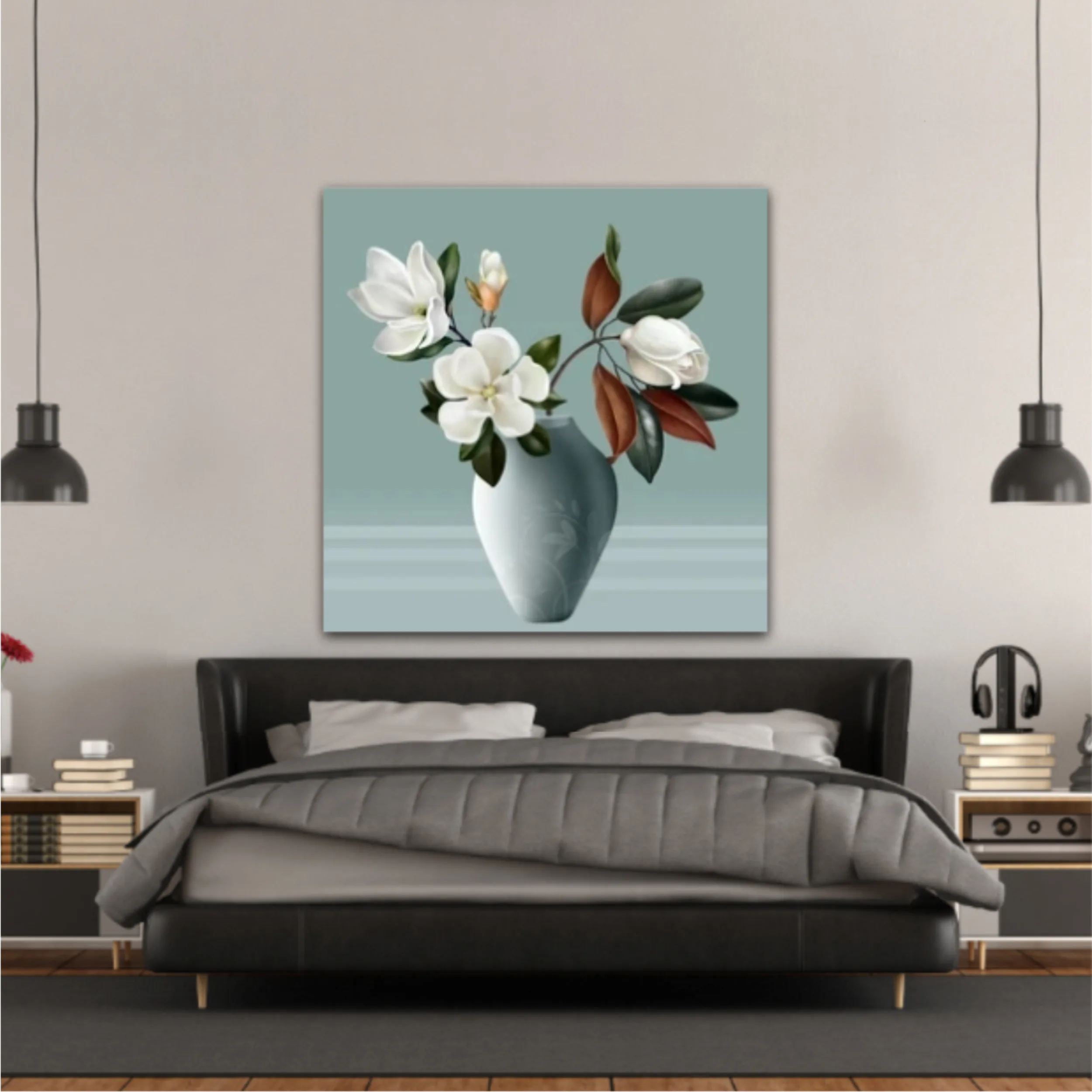 Illustration 3d vases of magnolia. Modern fashion for decor and wallpaper. Digital abstract art