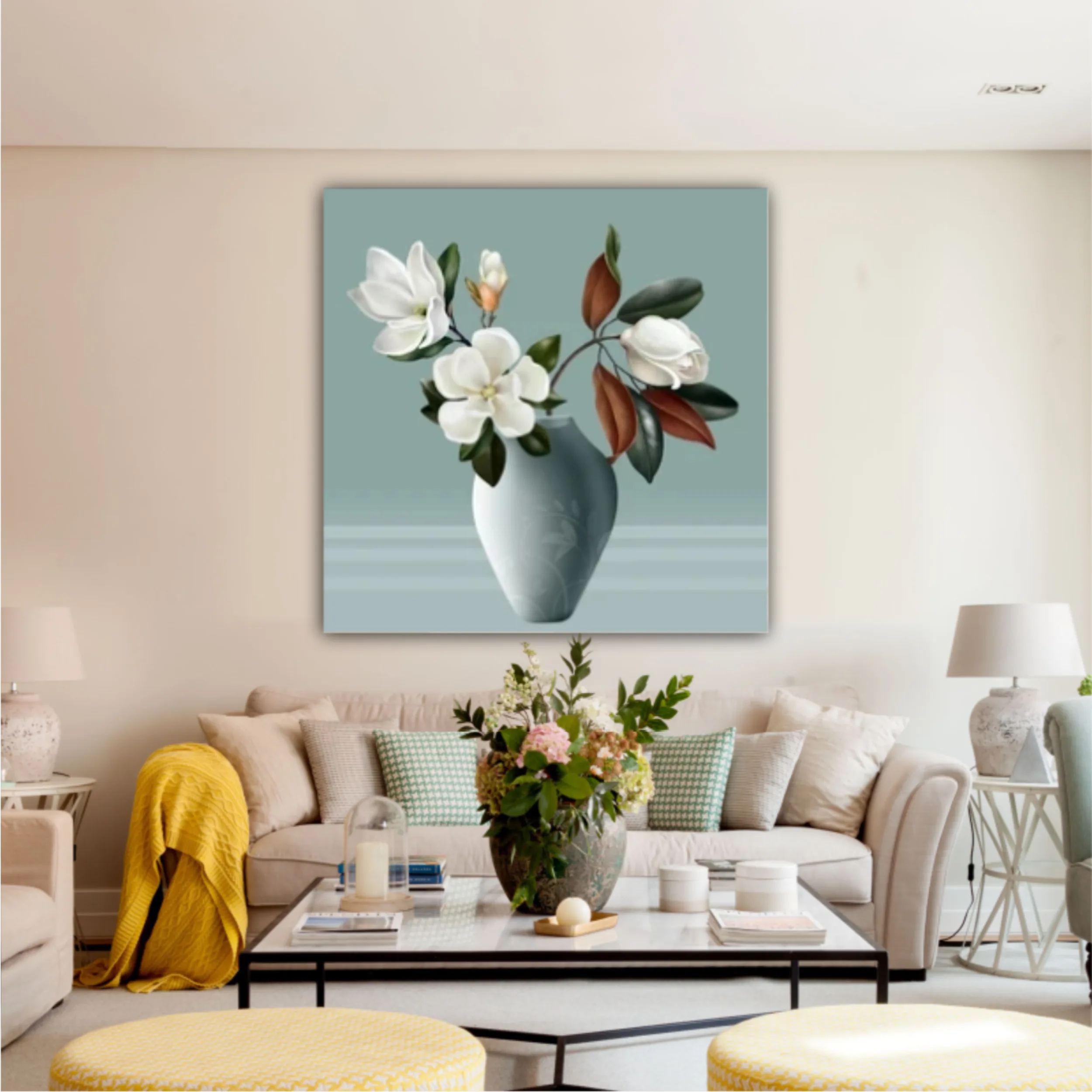 Illustration 3d vases of magnolia. Modern fashion for decor and wallpaper. Digital abstract art