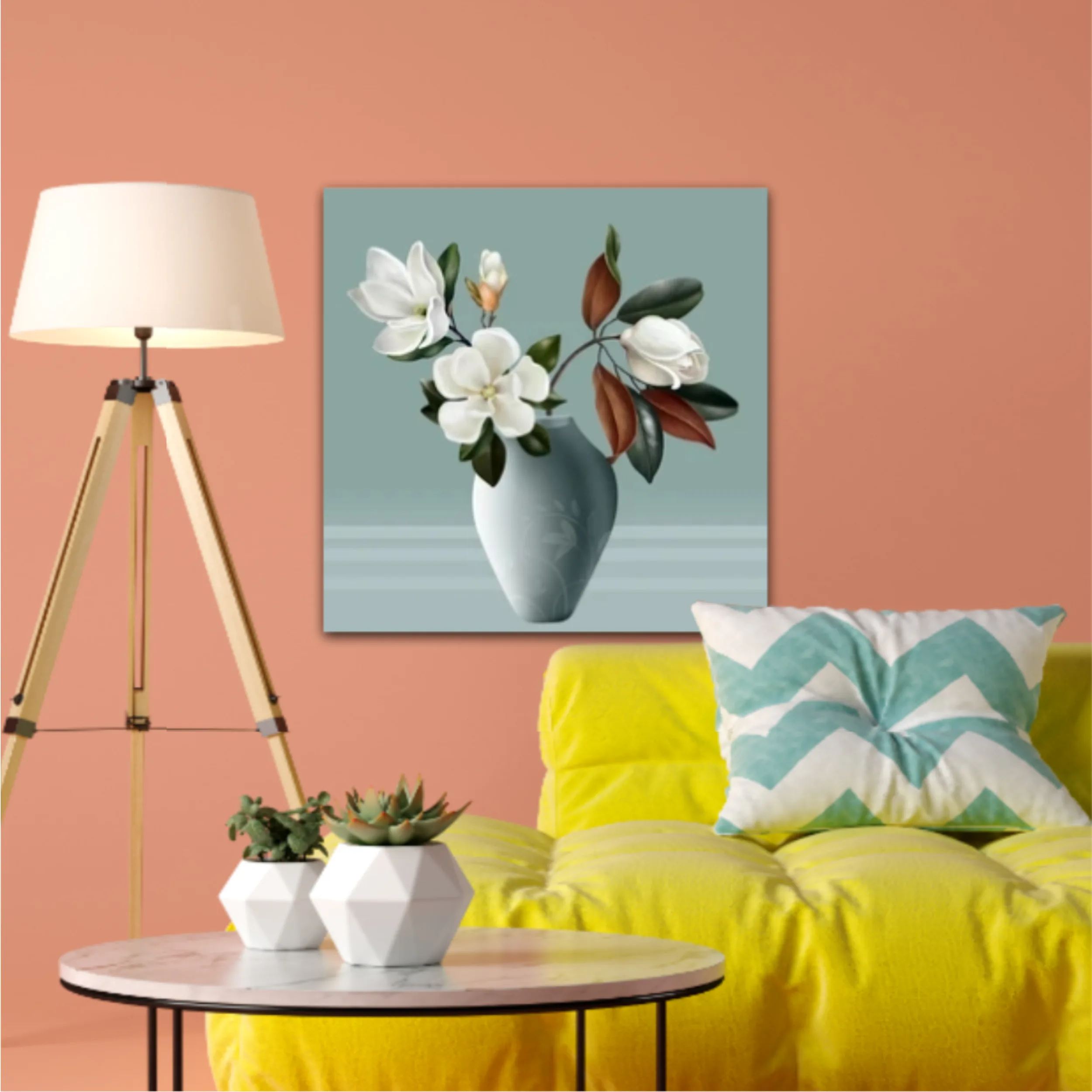 Illustration 3d vases of magnolia. Modern fashion for decor and wallpaper. Digital abstract art