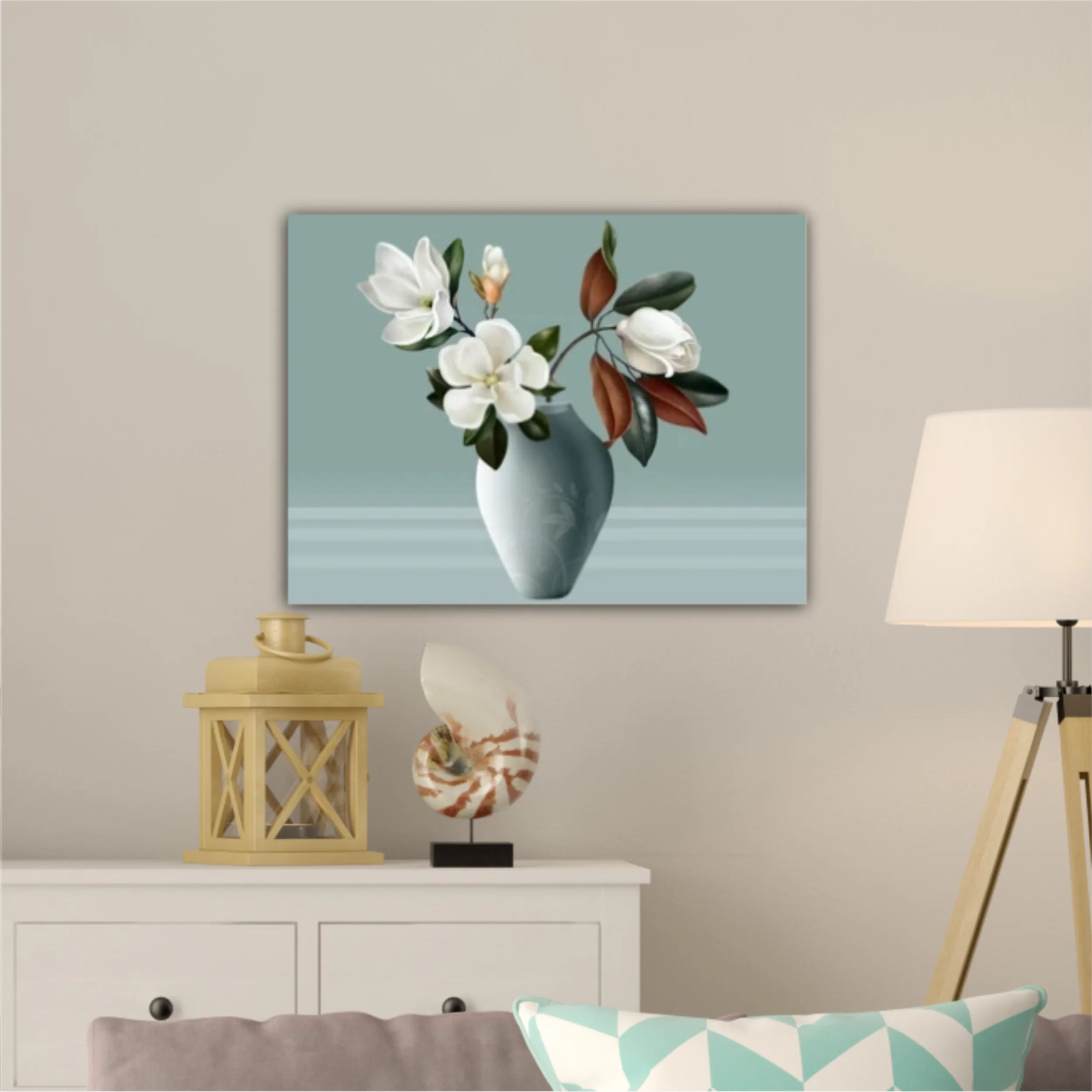 Illustration 3d vases of magnolia. Modern fashion for decor and wallpaper. Digital abstract art