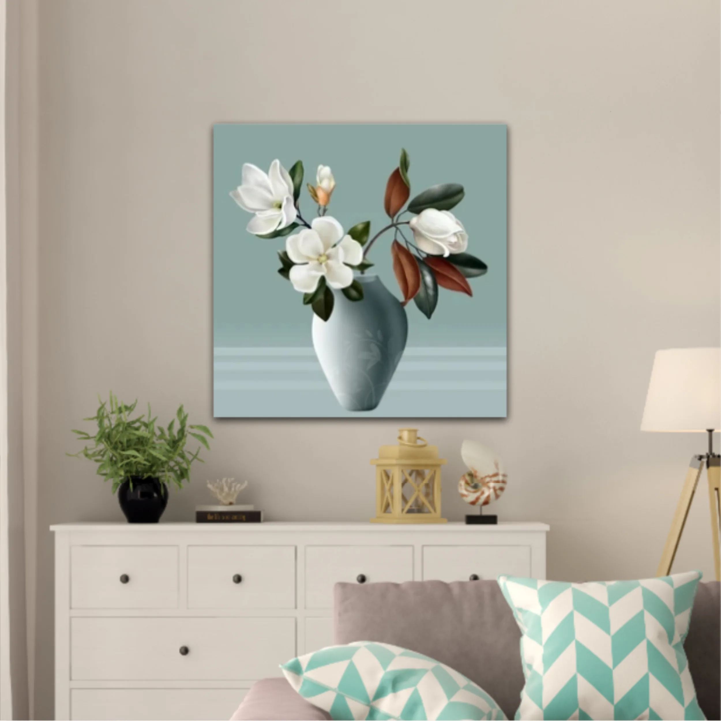 Illustration 3d vases of magnolia. Modern fashion for decor and wallpaper. Digital abstract art