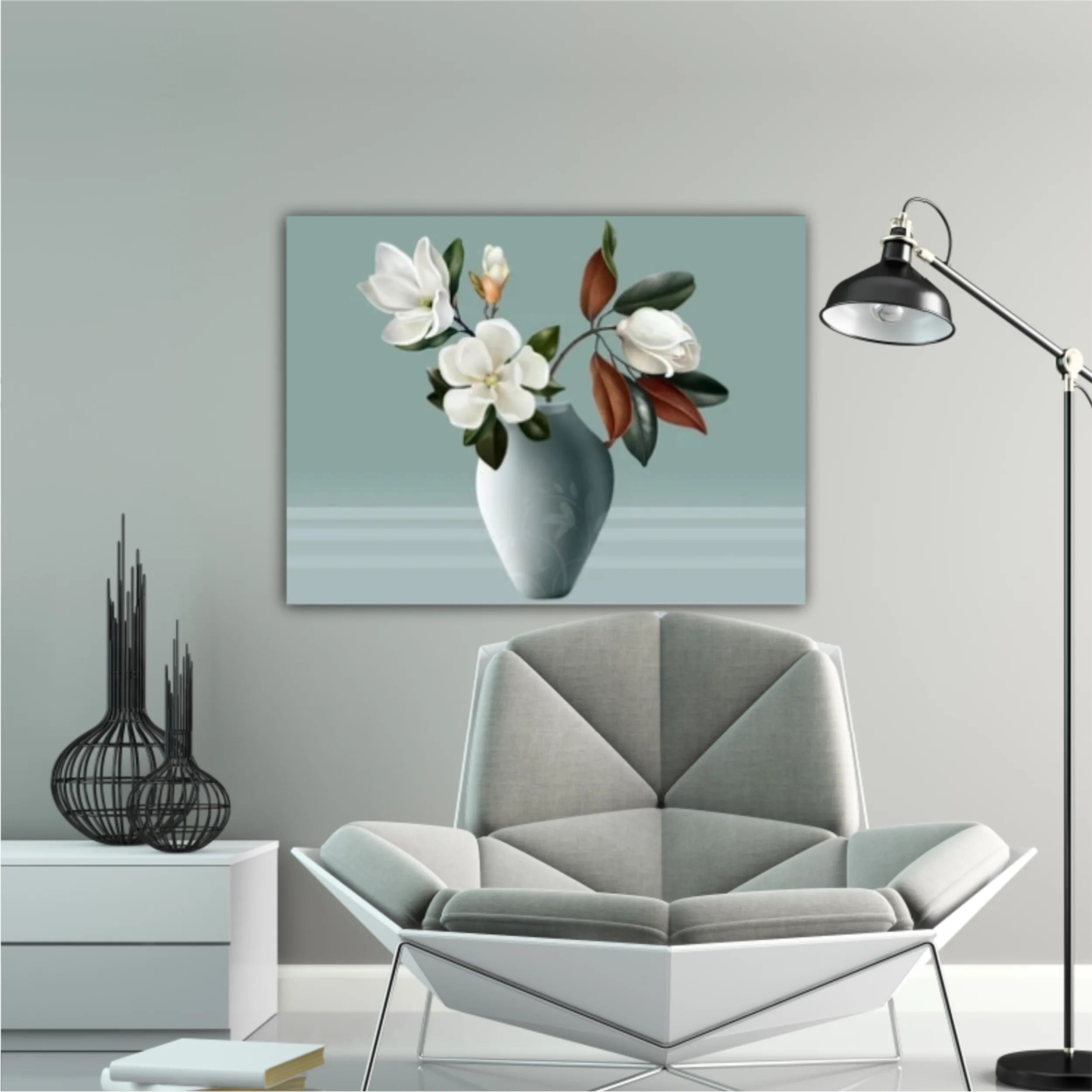 Illustration 3d vases of magnolia. Modern fashion for decor and wallpaper. Digital abstract art