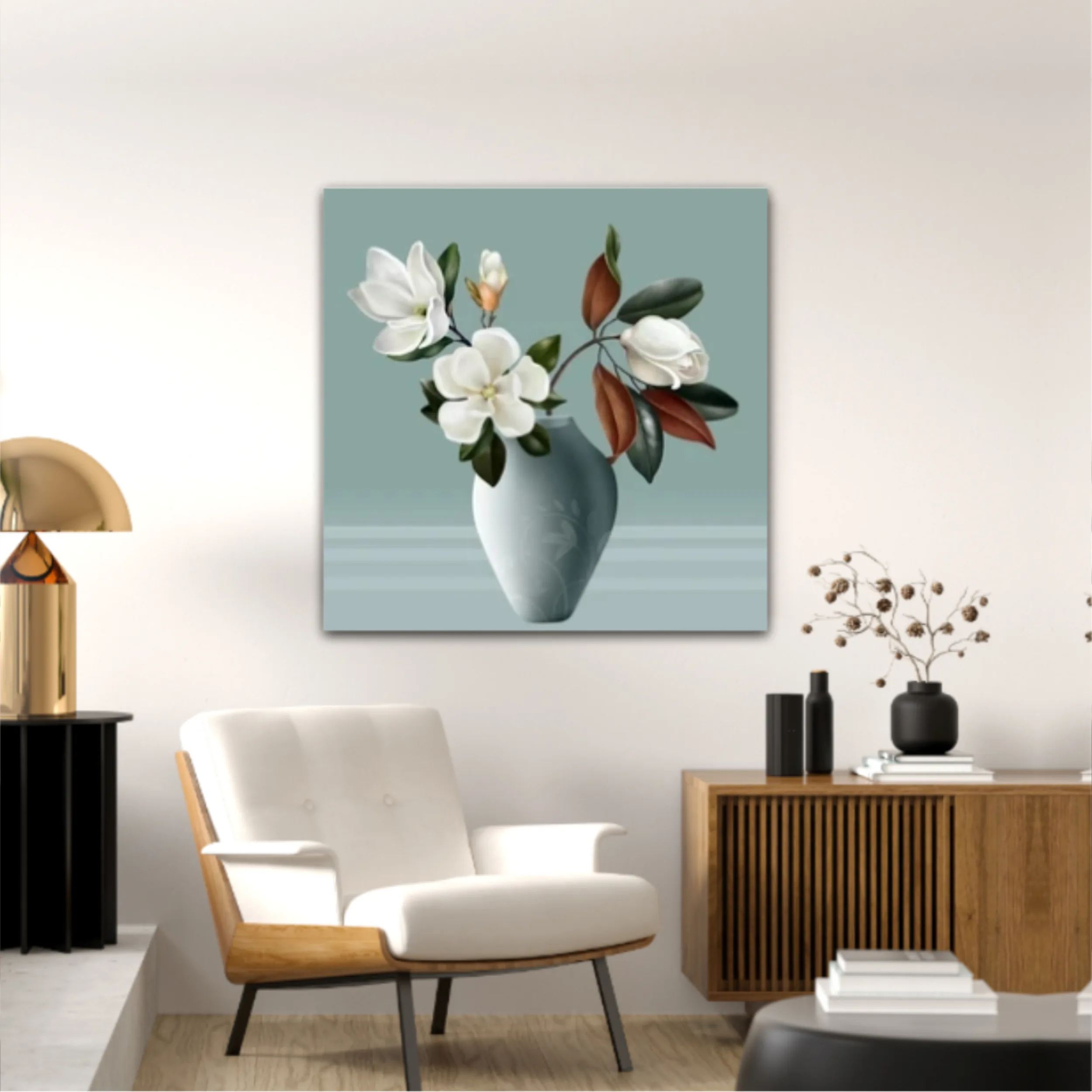 Illustration 3d vases of magnolia. Modern fashion for decor and wallpaper. Digital abstract art