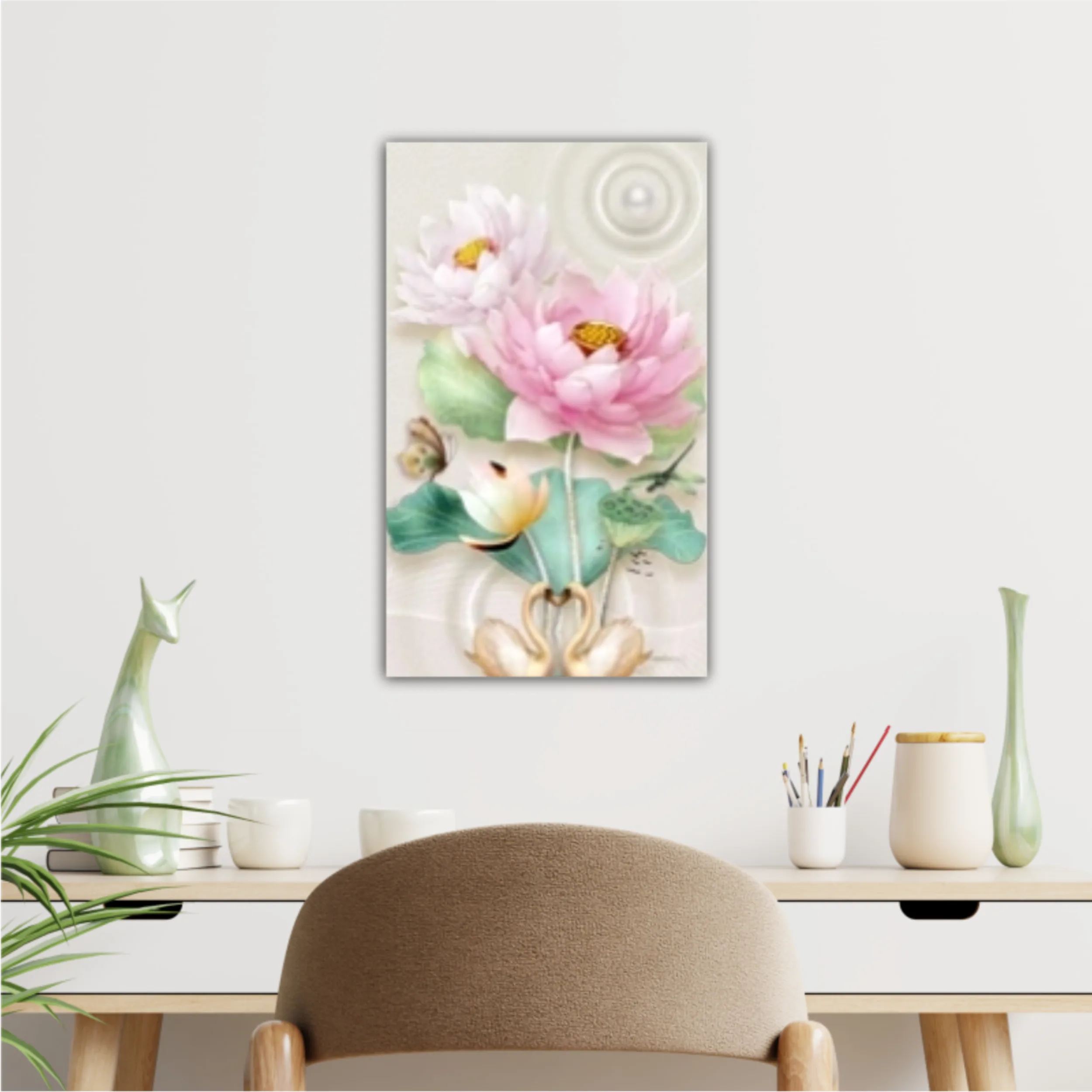 3d illustration of lotus flowers, butterflies and swans