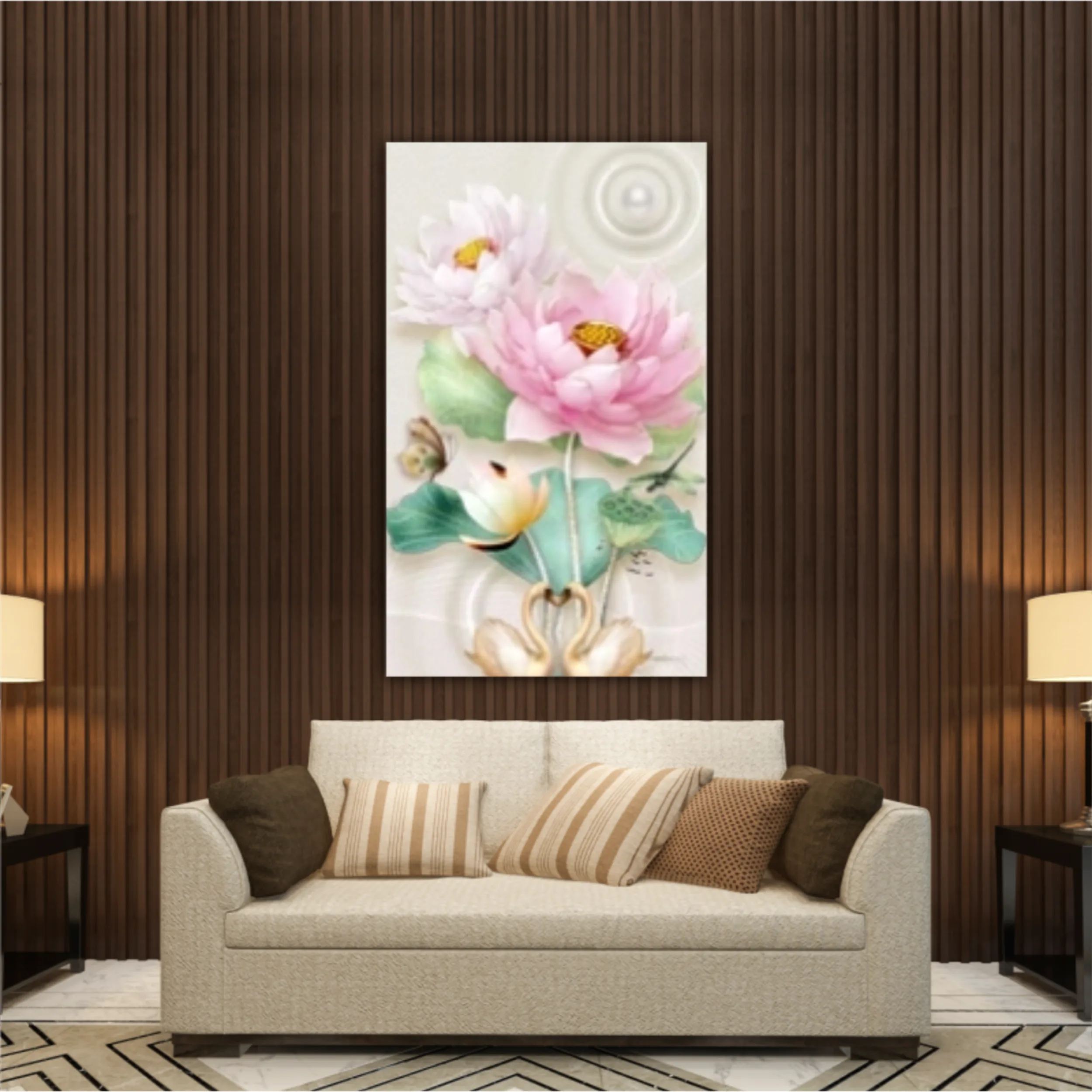 3d illustration of lotus flowers, butterflies and swans