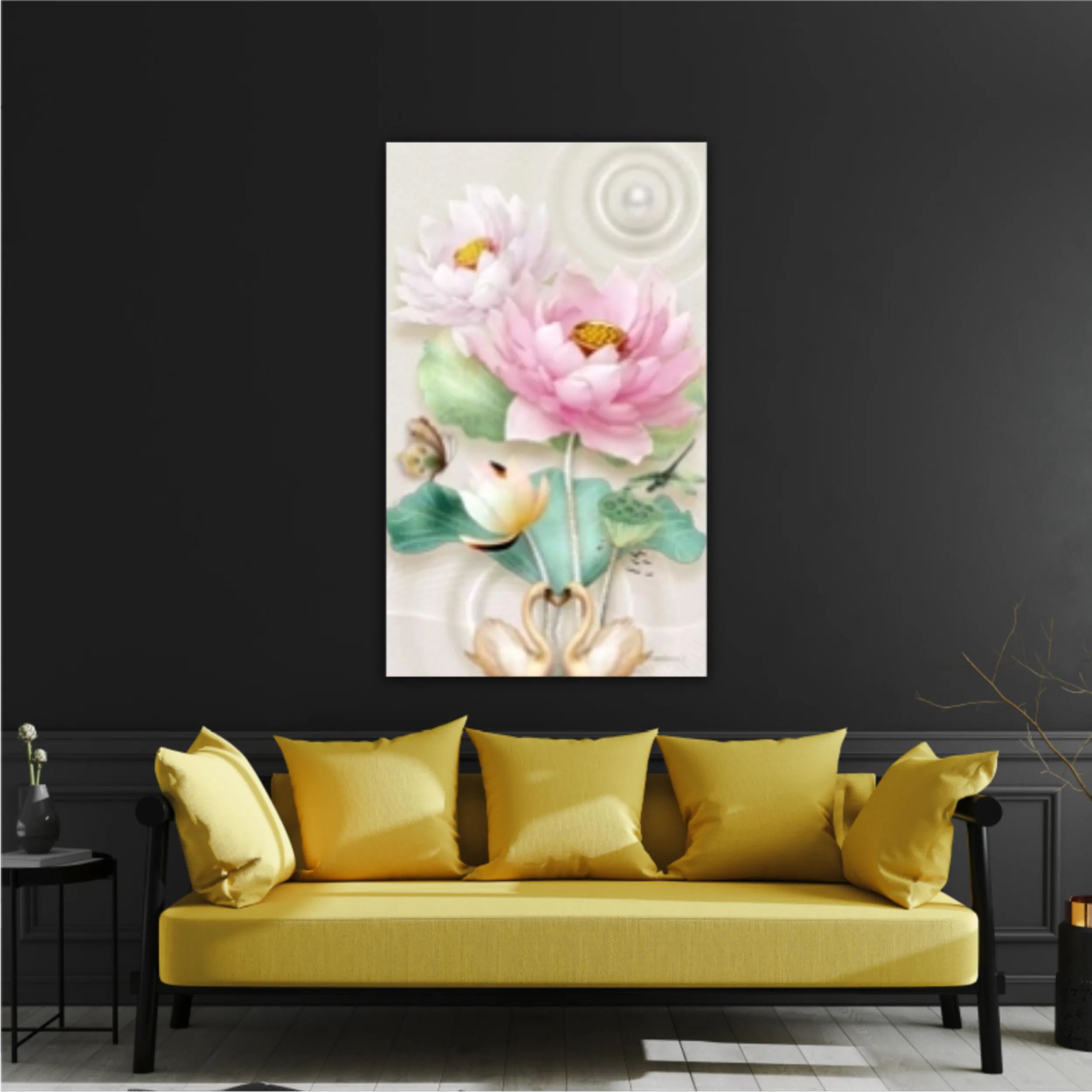 3d illustration of lotus flowers, butterflies and swans