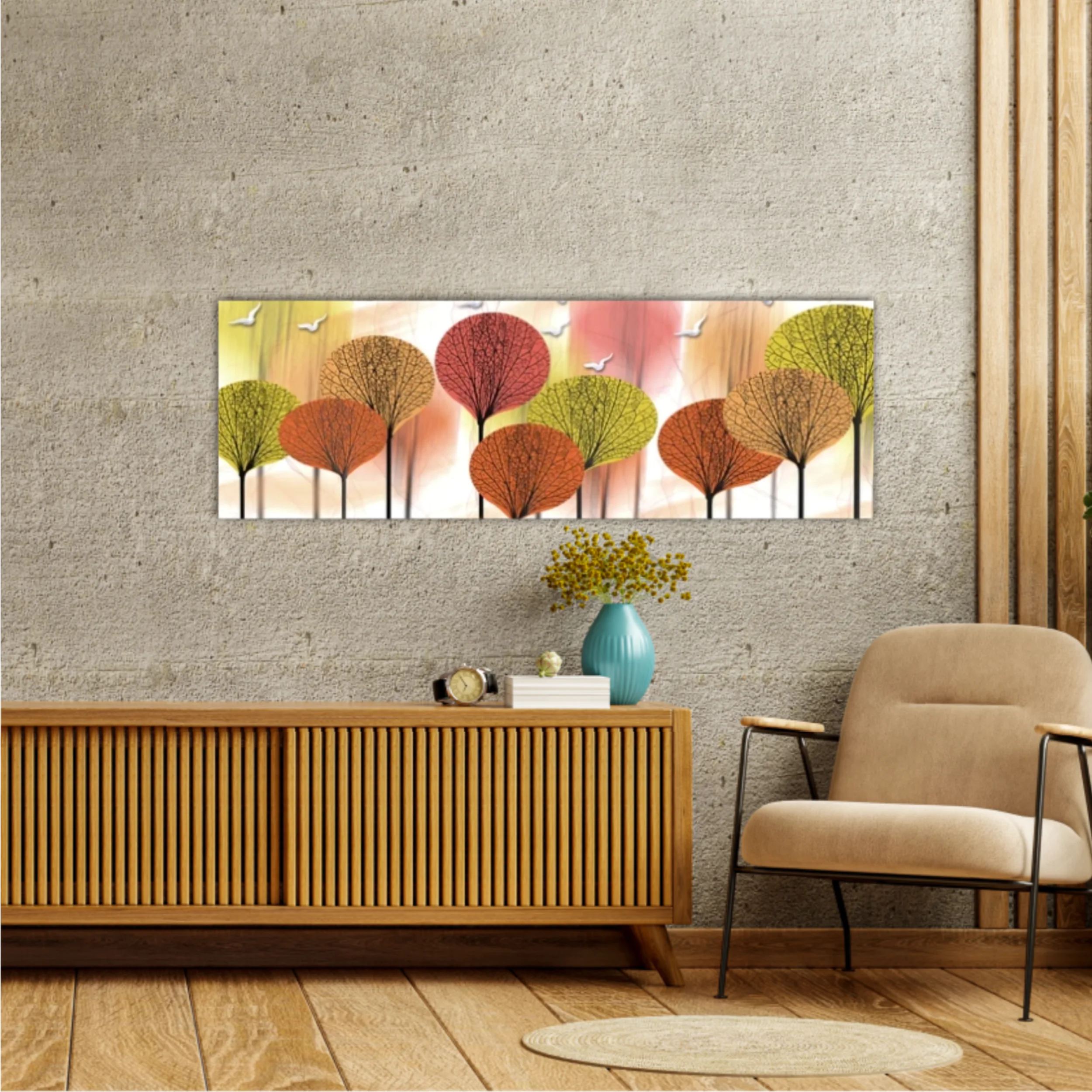 3d illustration image of forest tree and flock of birds flying in the sky