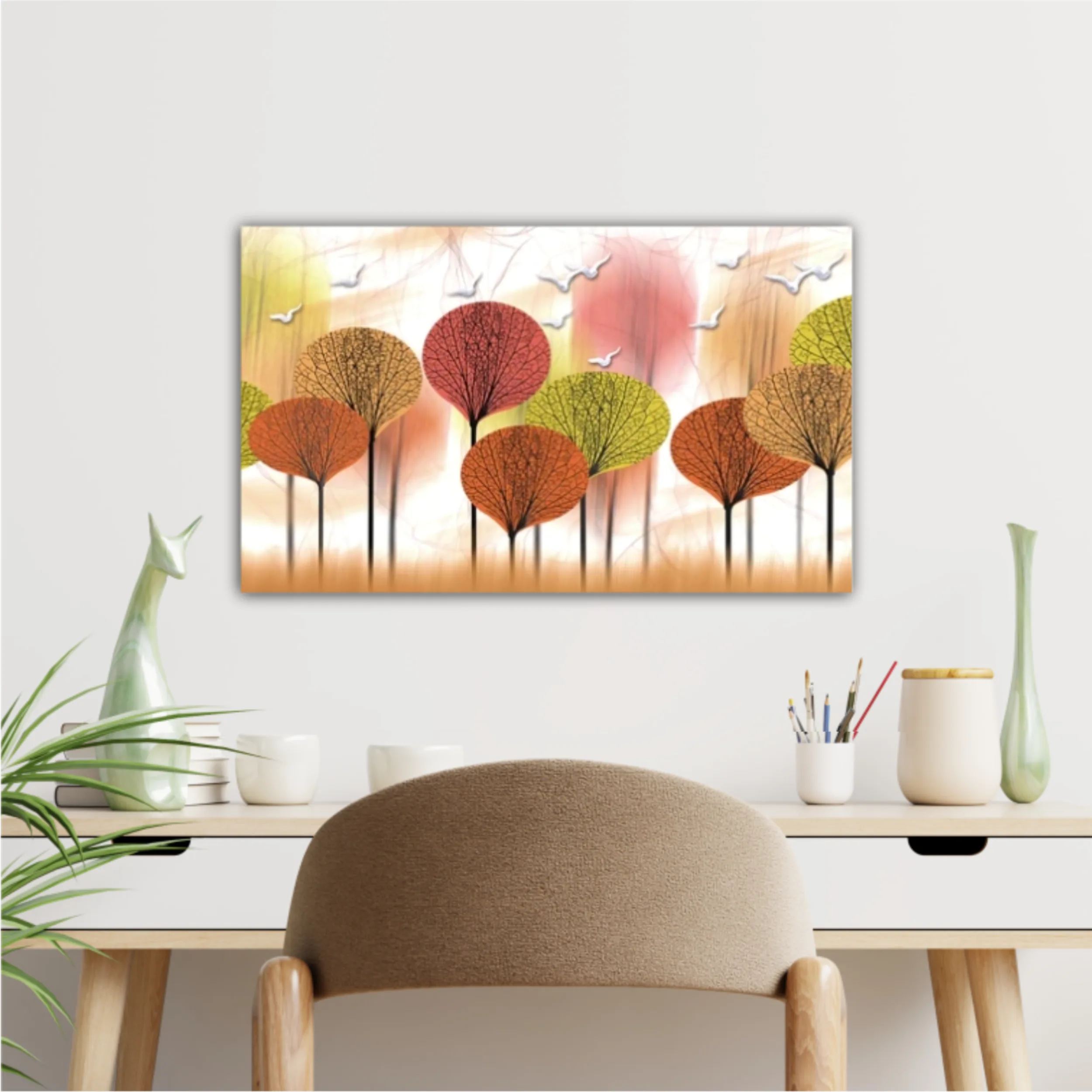 3d illustration image of forest tree and flock of birds flying in the sky