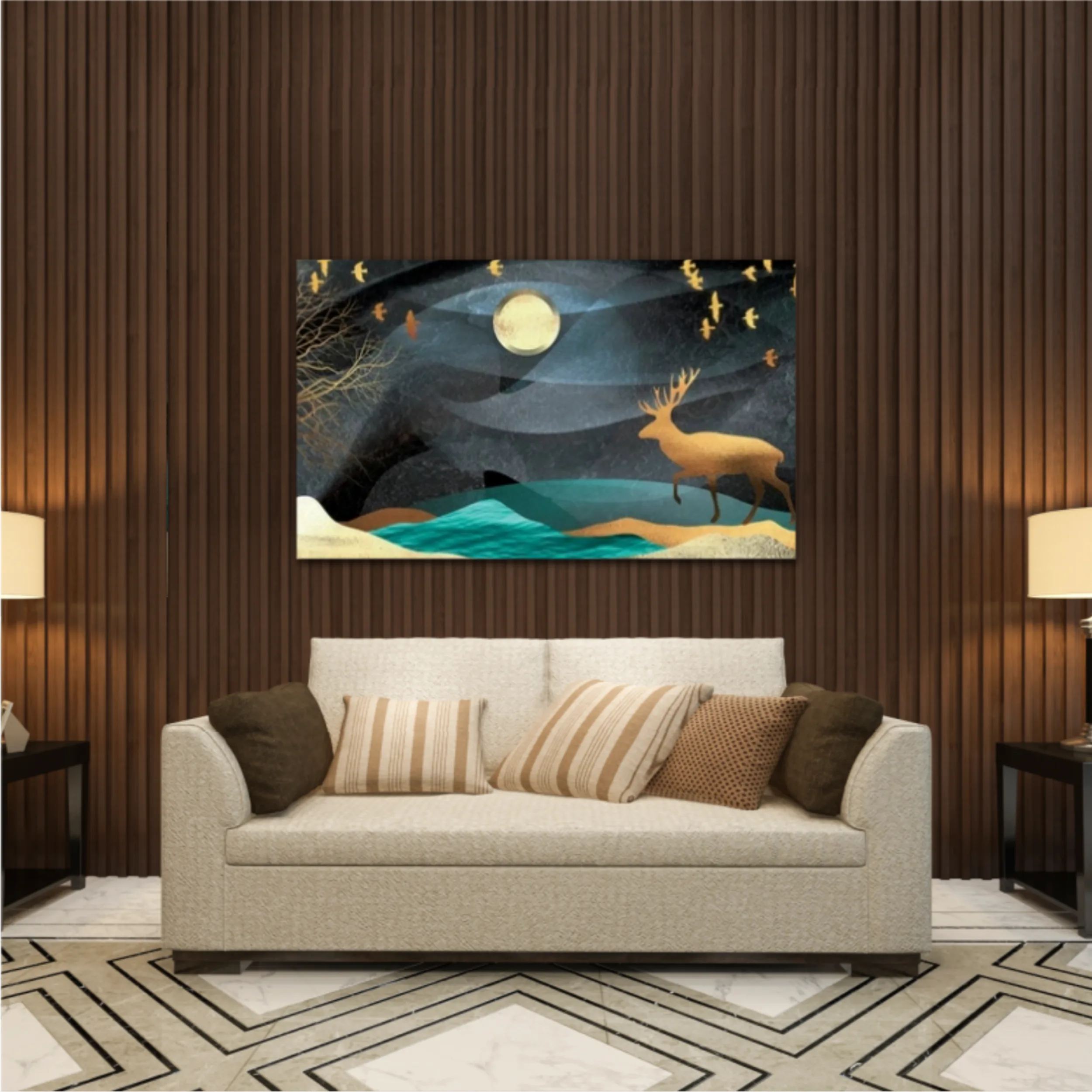 3d illustration of moon, deer and flock of flying birds