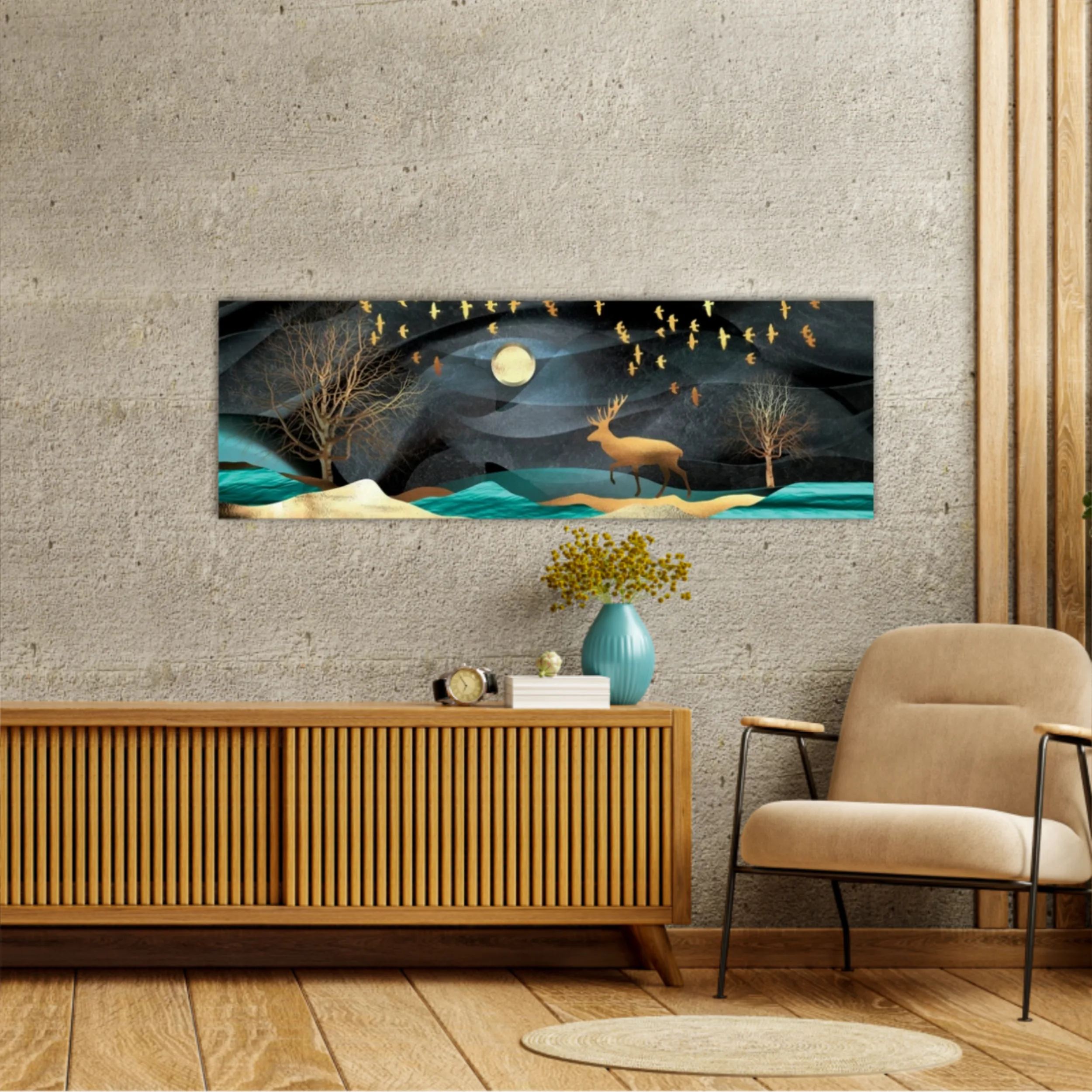 3d illustration of moon, deer and flock of flying birds