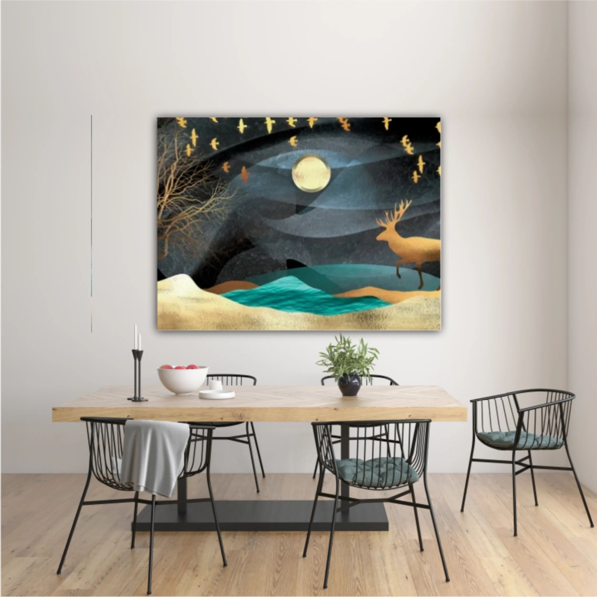 3d illustration of moon, deer and flock of flying birds