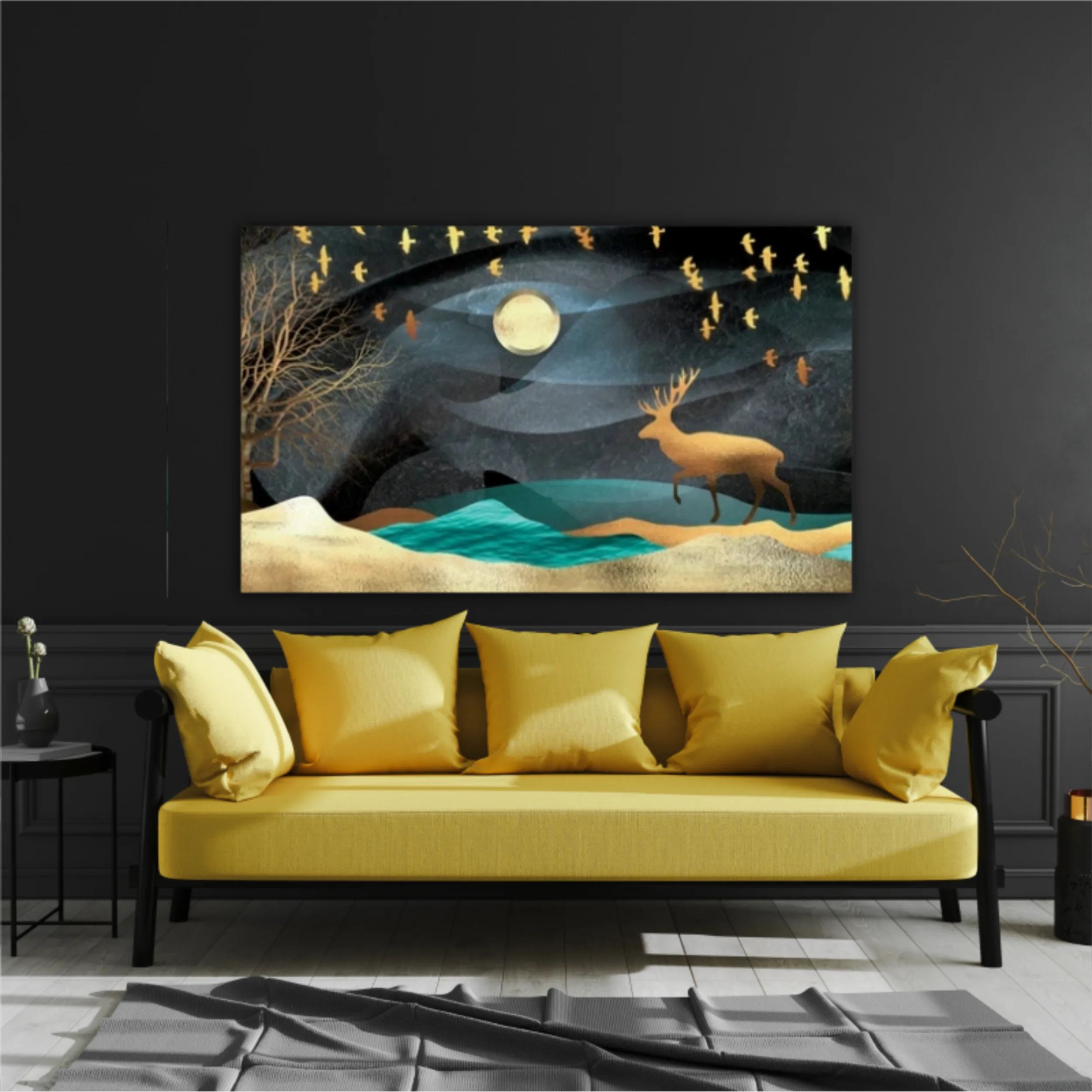 3d illustration of moon, deer and flock of flying birds