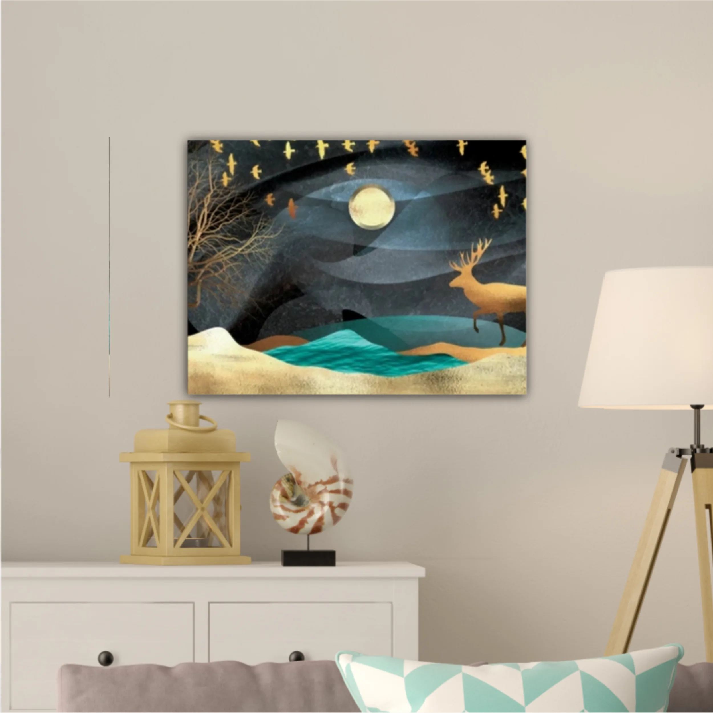 3d illustration of moon, deer and flock of flying birds