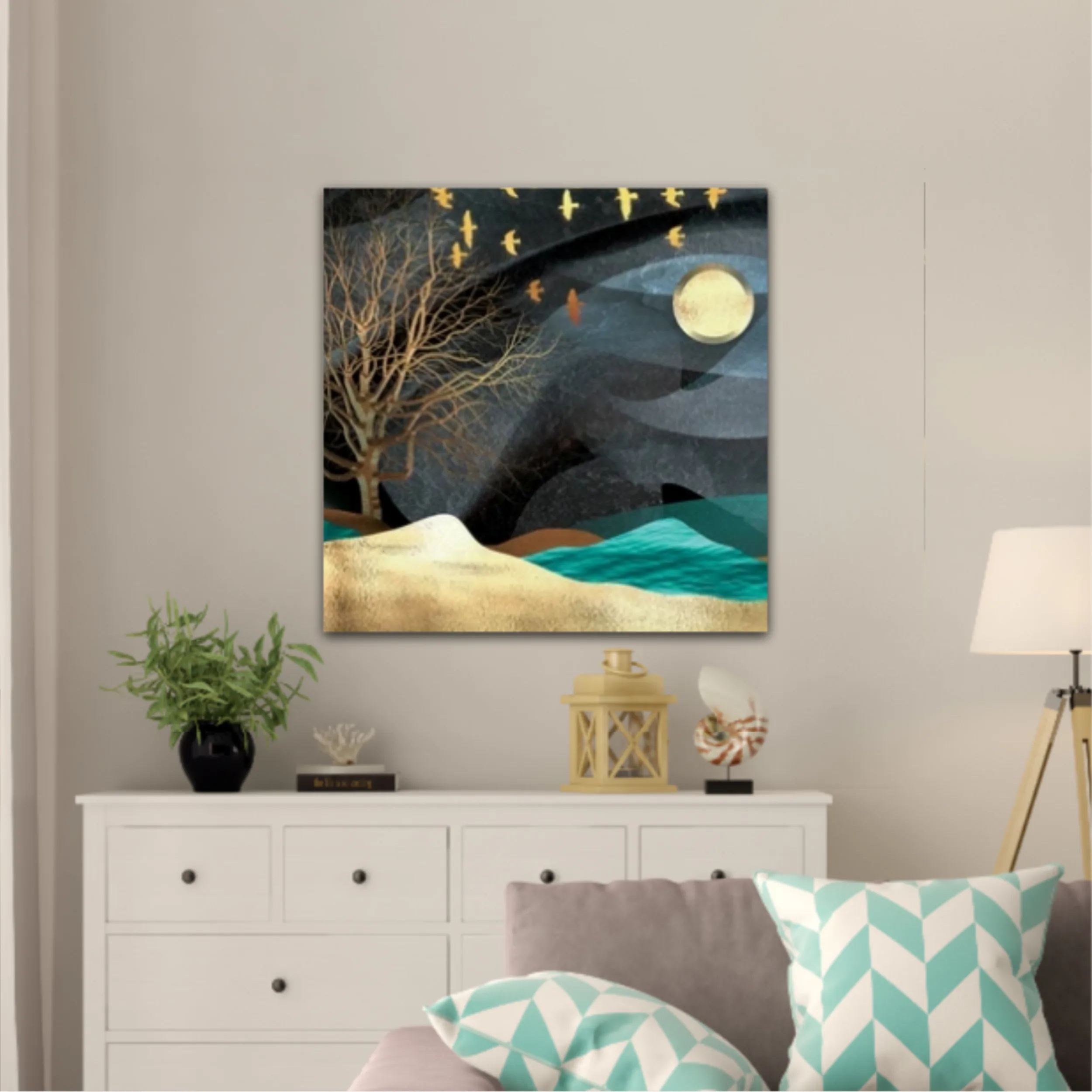 3d illustration of moon, deer and flock of flying birds