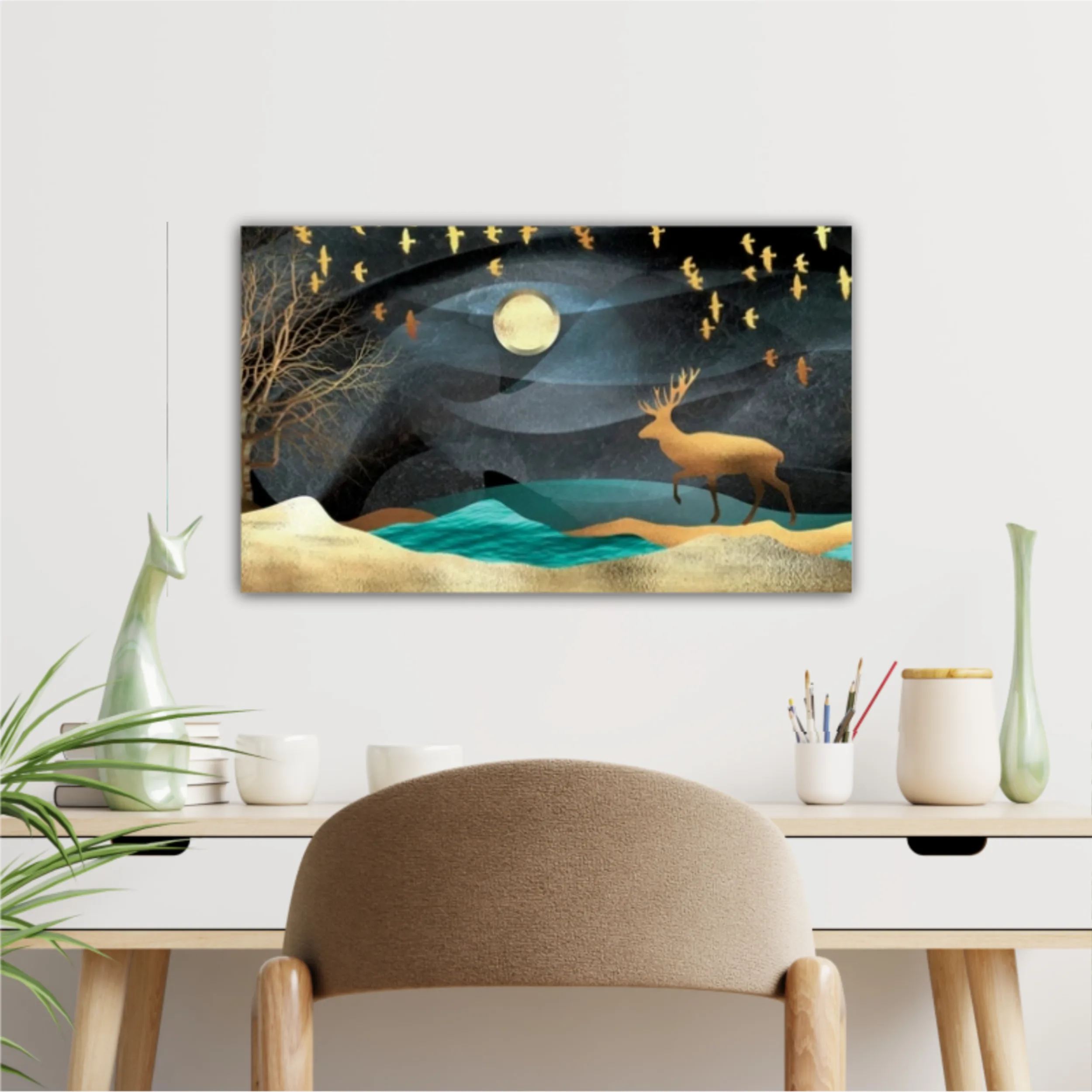 3d illustration of moon, deer and flock of flying birds