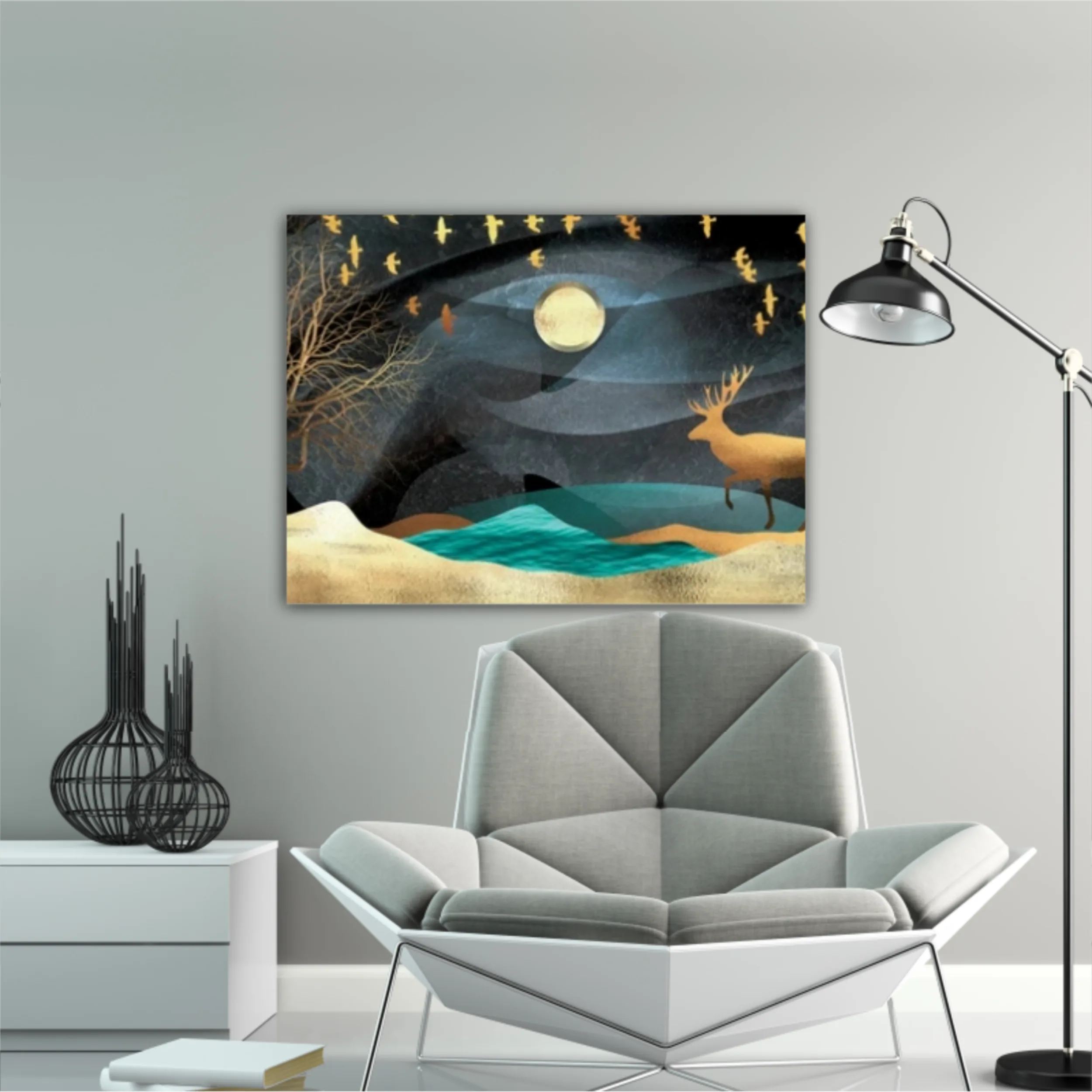 3d illustration of moon, deer and flock of flying birds