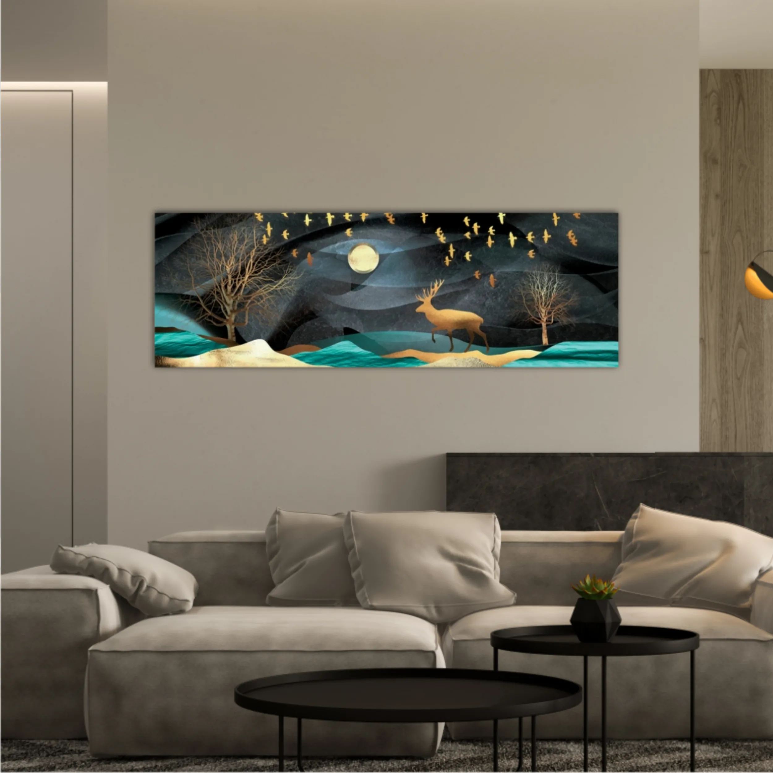 3d illustration of moon, deer and flock of flying birds