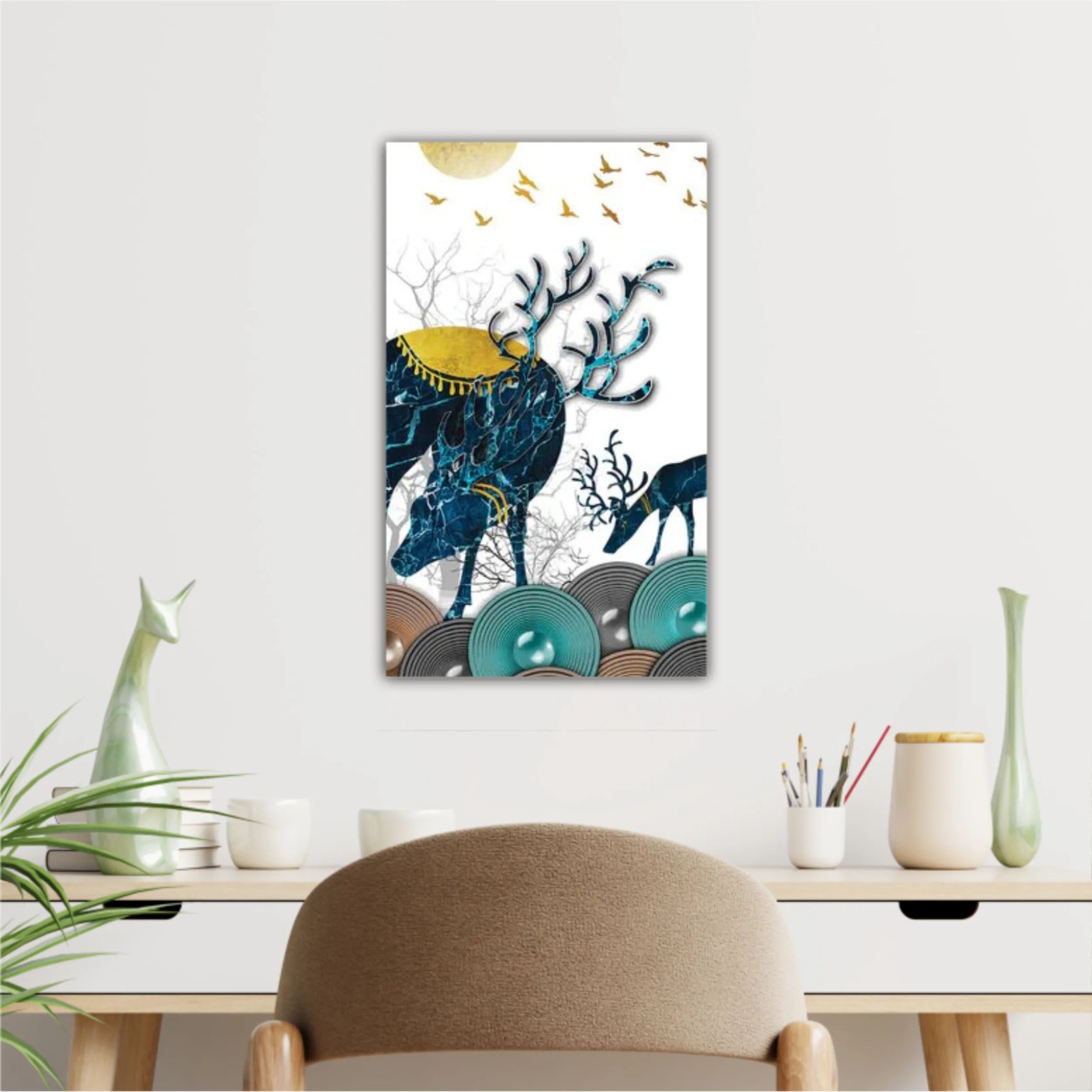 3d illustration of green deer on the mountain and dry trees