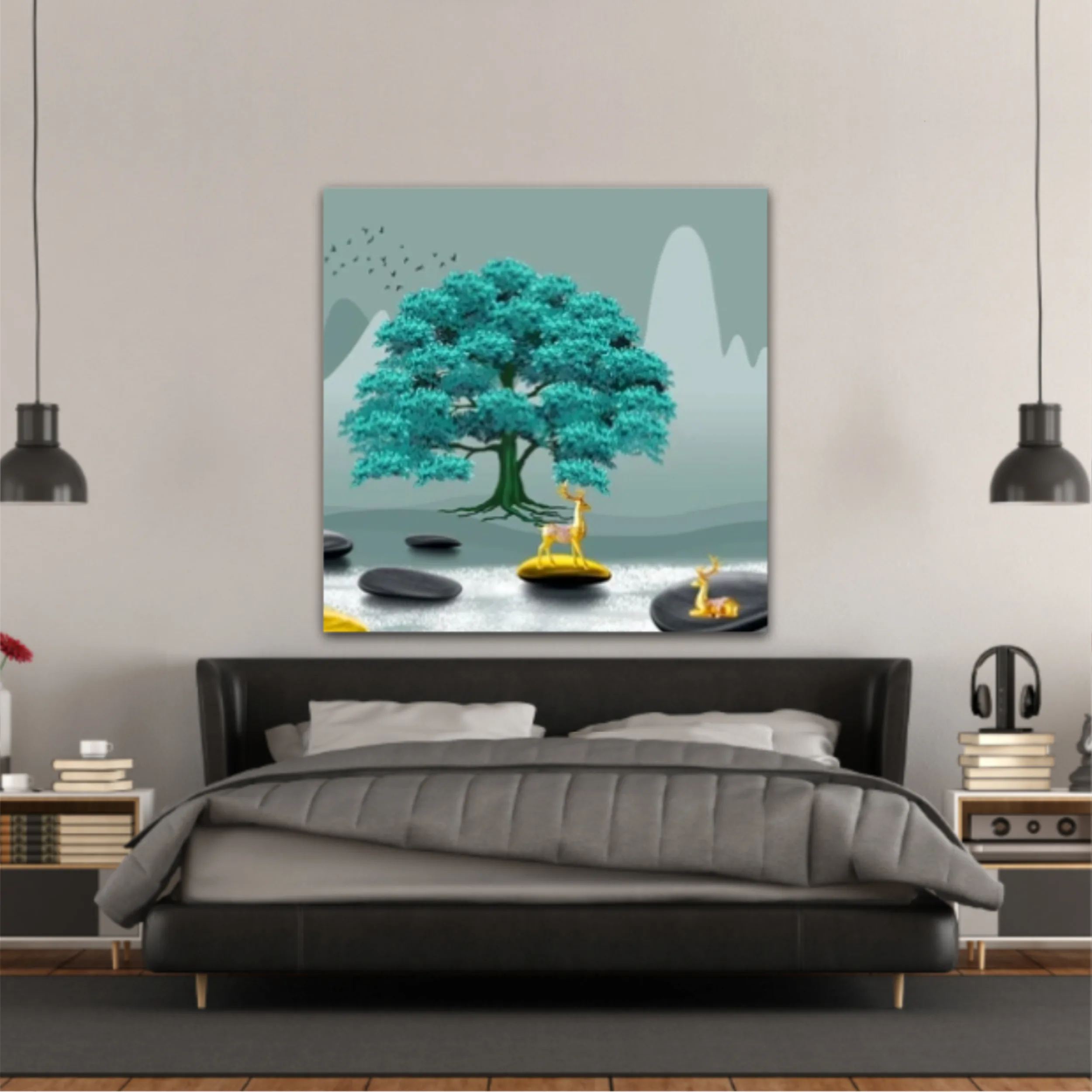 3d illustration of tree and deer. Modern mural for decoration