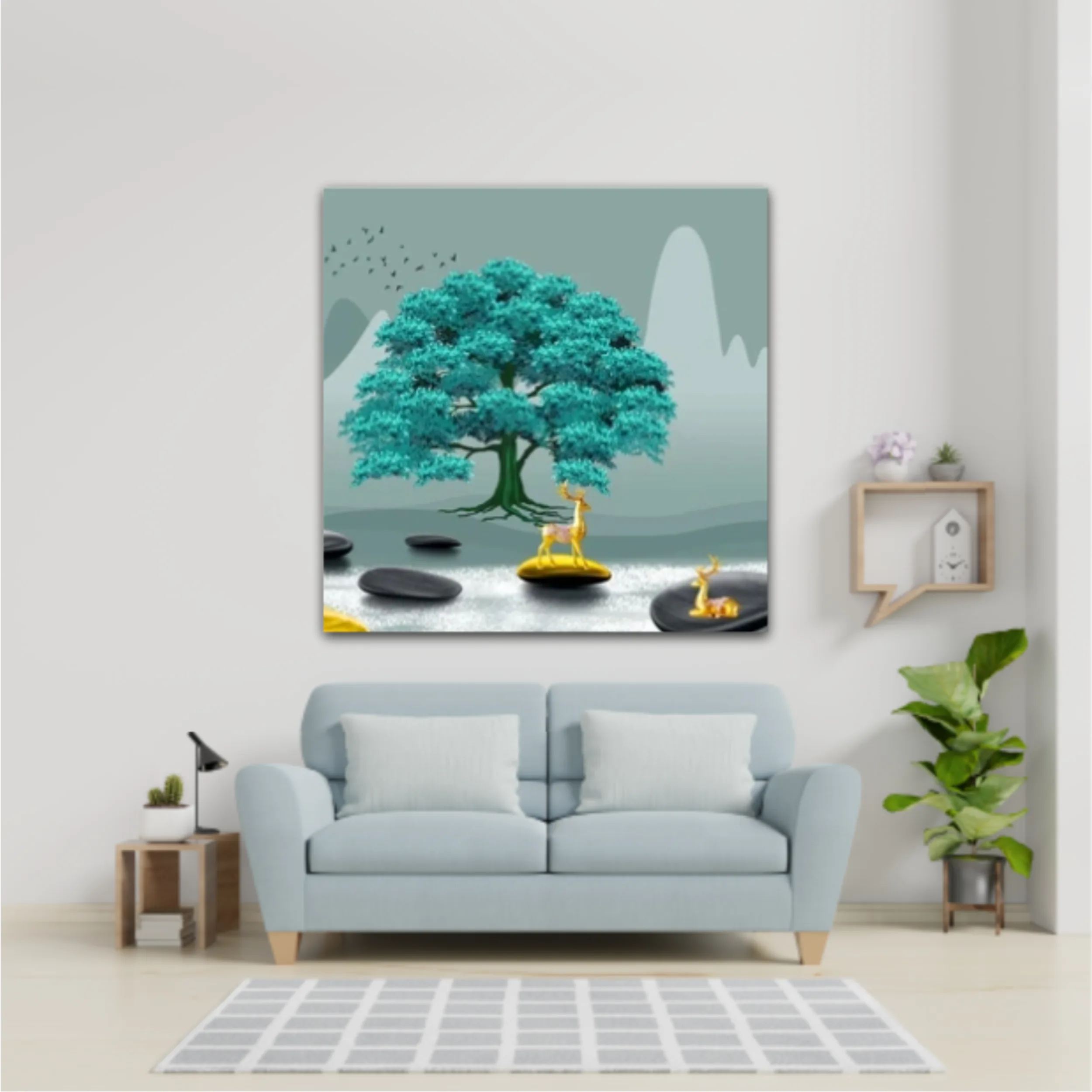 3d illustration of tree and deer. Modern mural for decoration