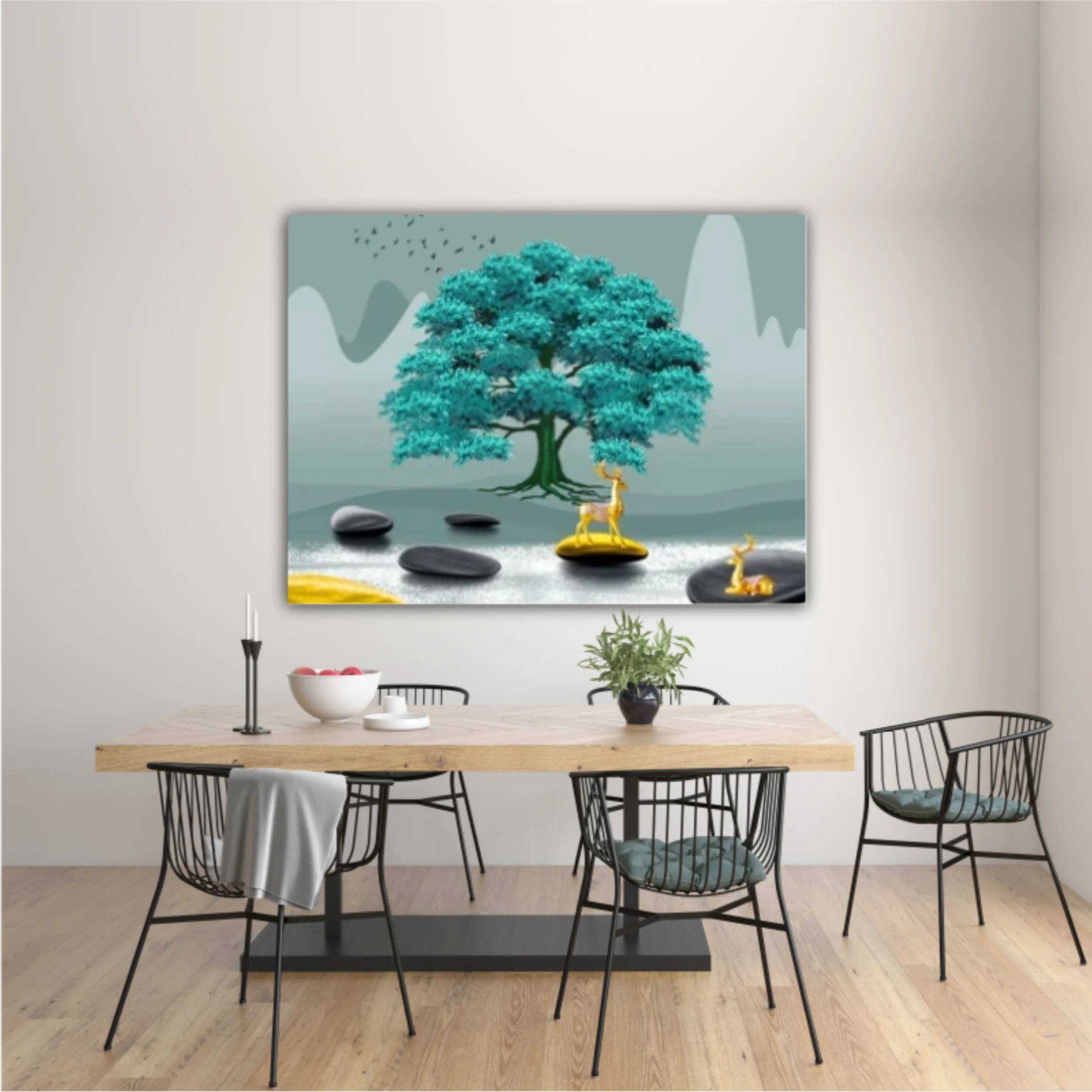 3d illustration of tree and deer. Modern mural for decoration