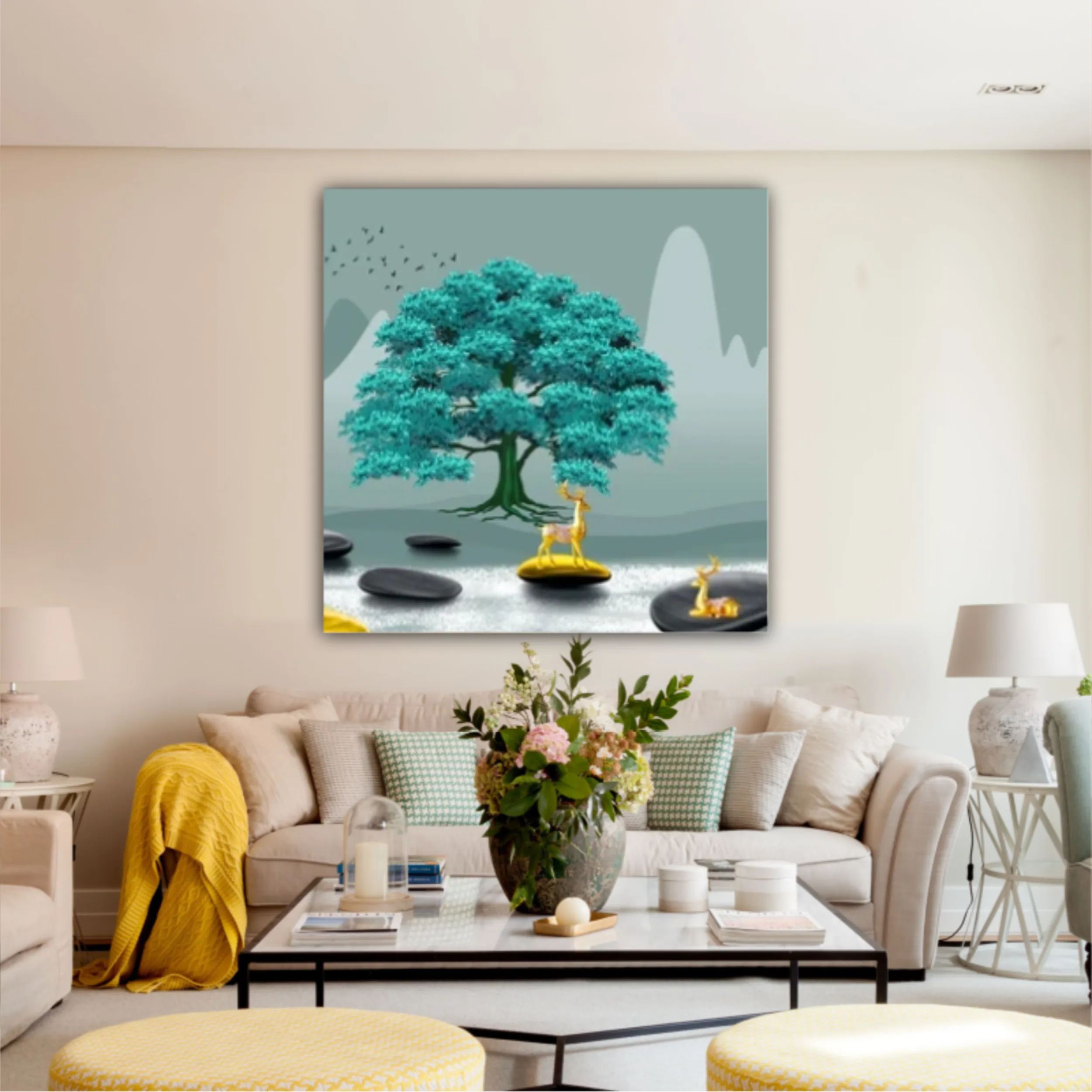 3d illustration of tree and deer. Modern mural for decoration