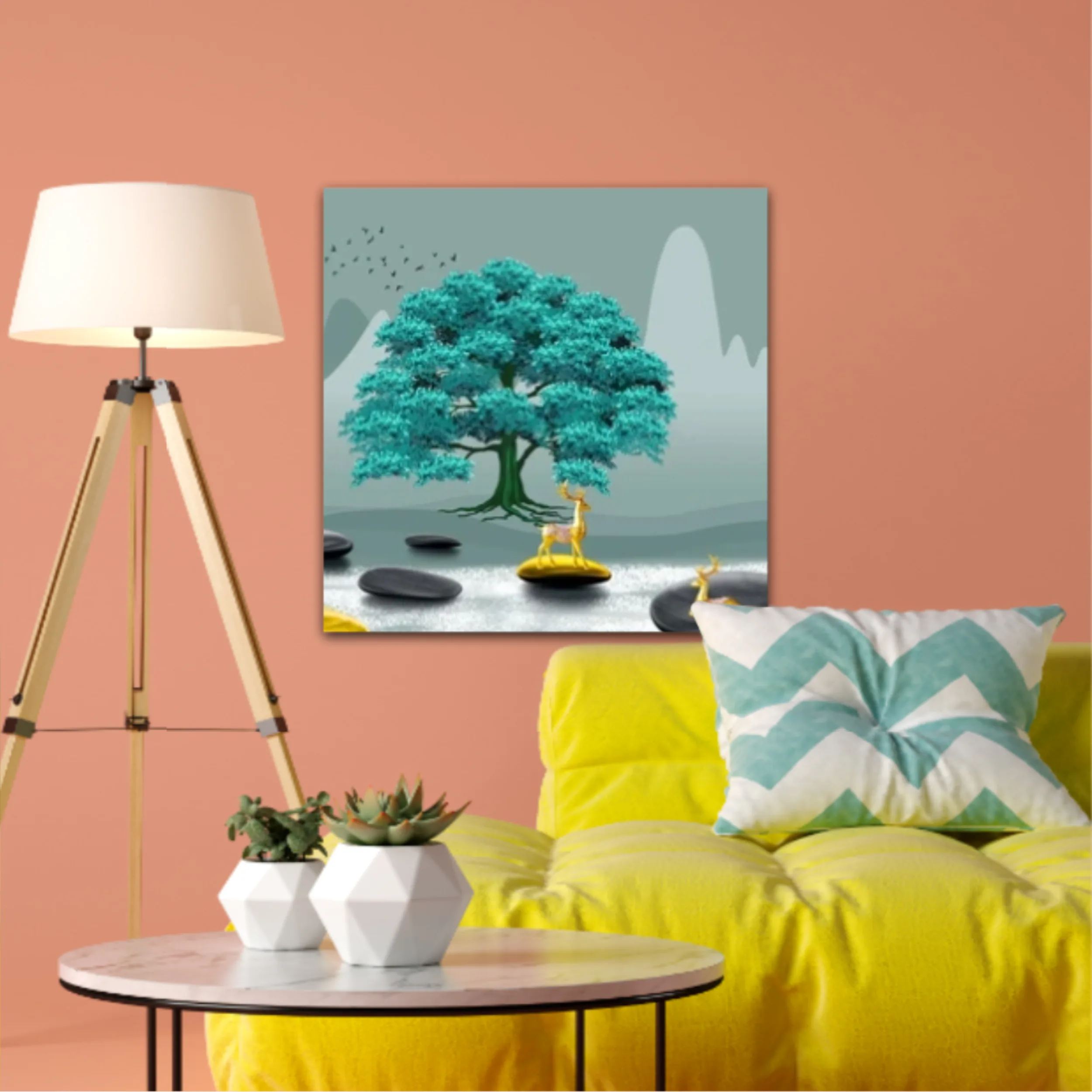 3d illustration of tree and deer. Modern mural for decoration