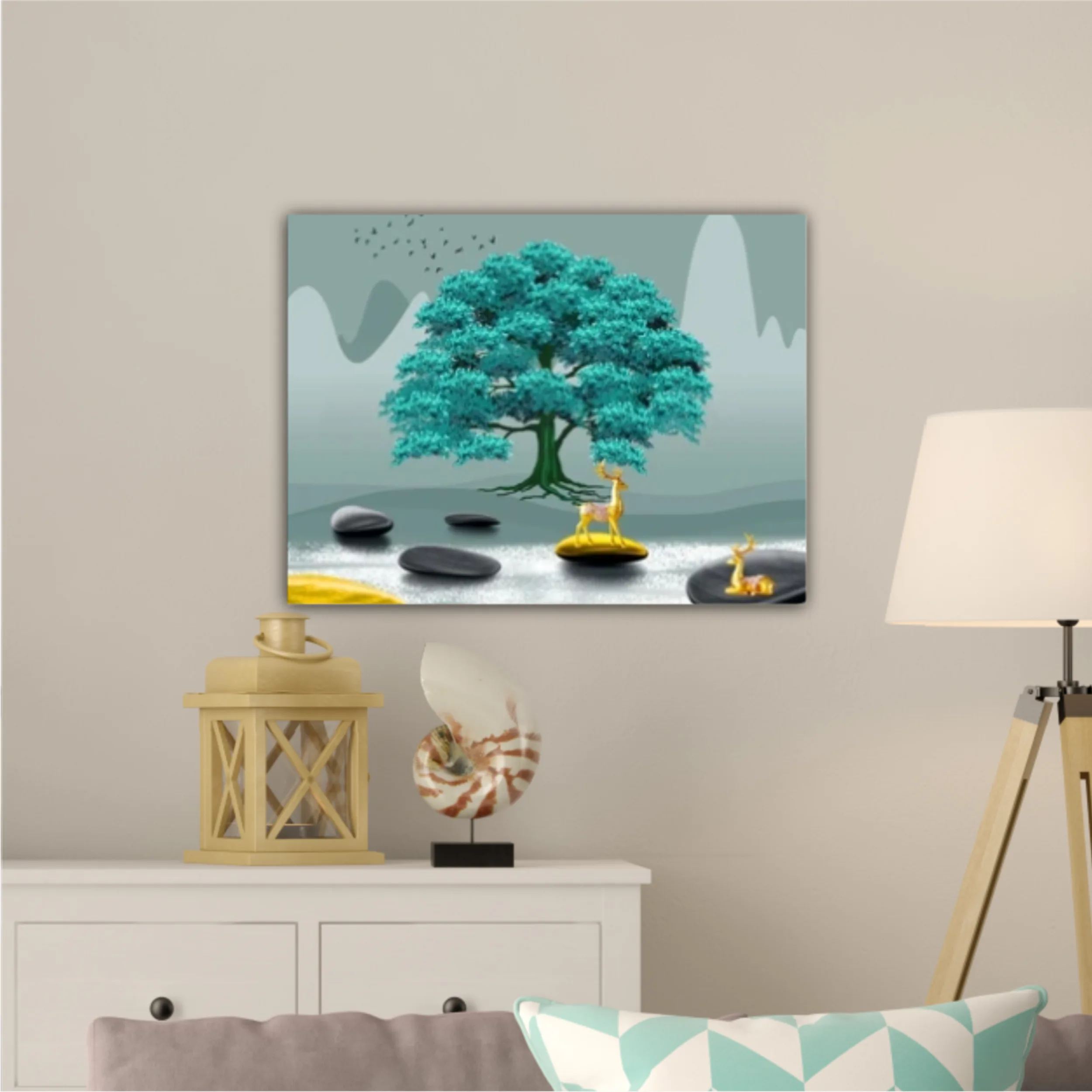 3d illustration of tree and deer. Modern mural for decoration