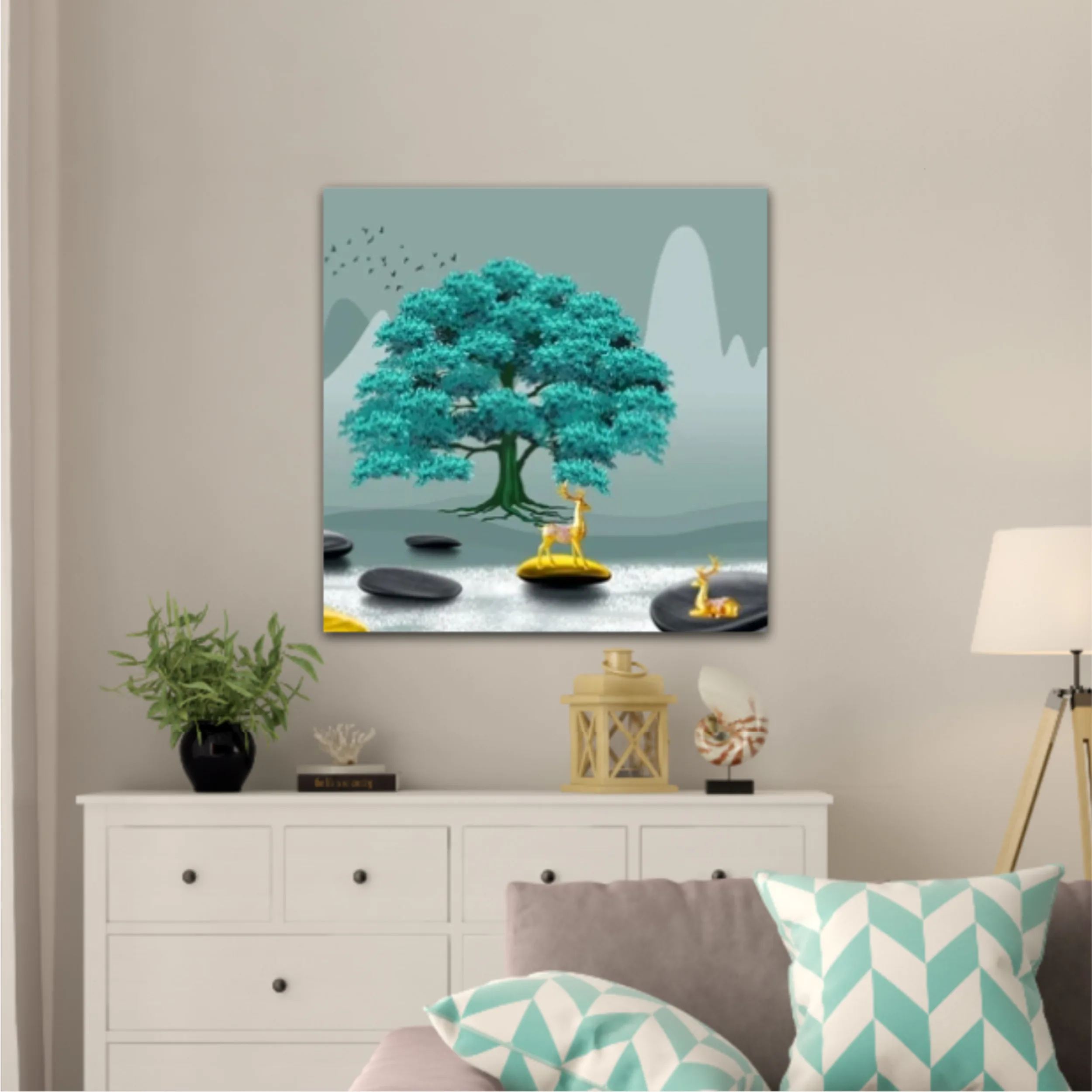 3d illustration of tree and deer. Modern mural for decoration