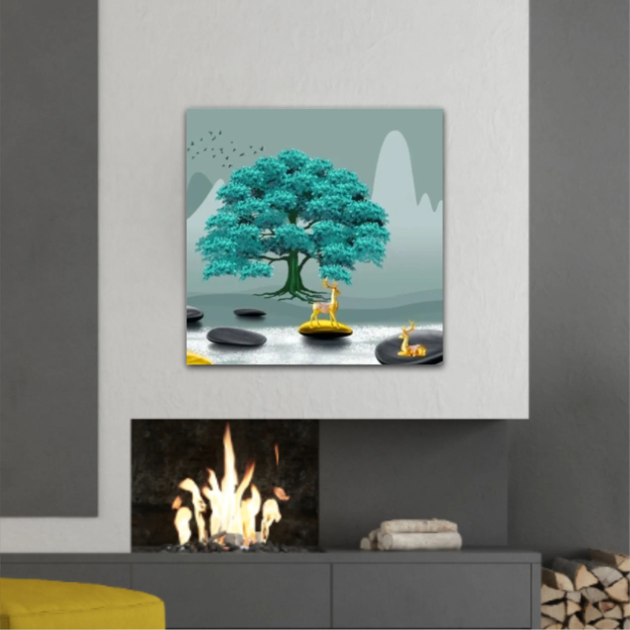 3d illustration of tree and deer. Modern mural for decoration