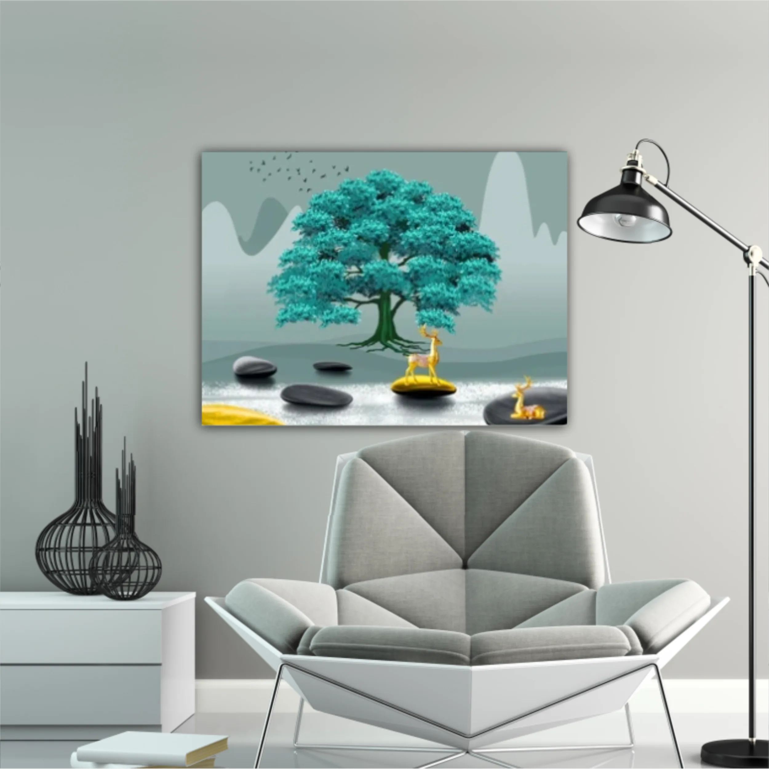 3d illustration of tree and deer. Modern mural for decoration