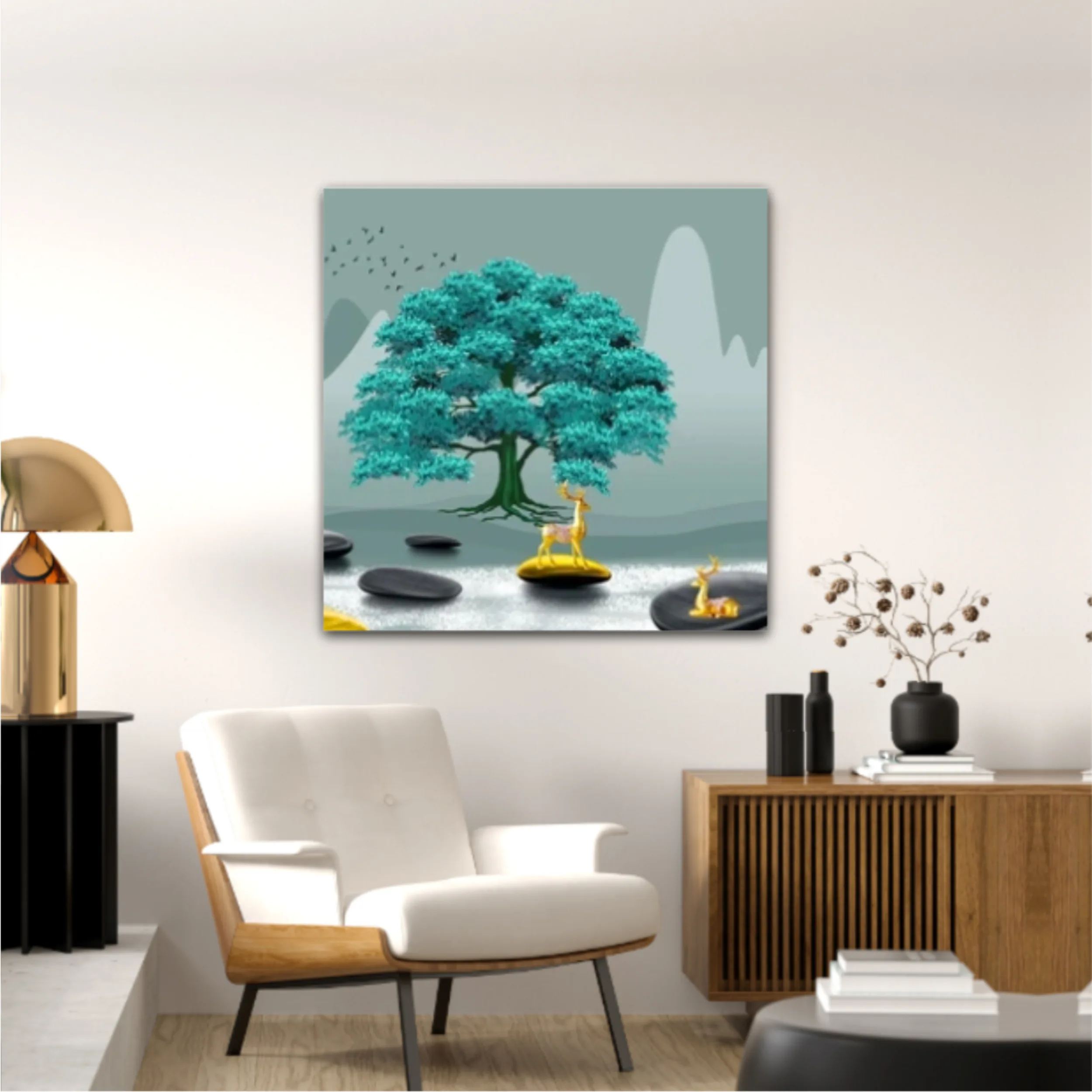 3d illustration of tree and deer. Modern mural for decoration