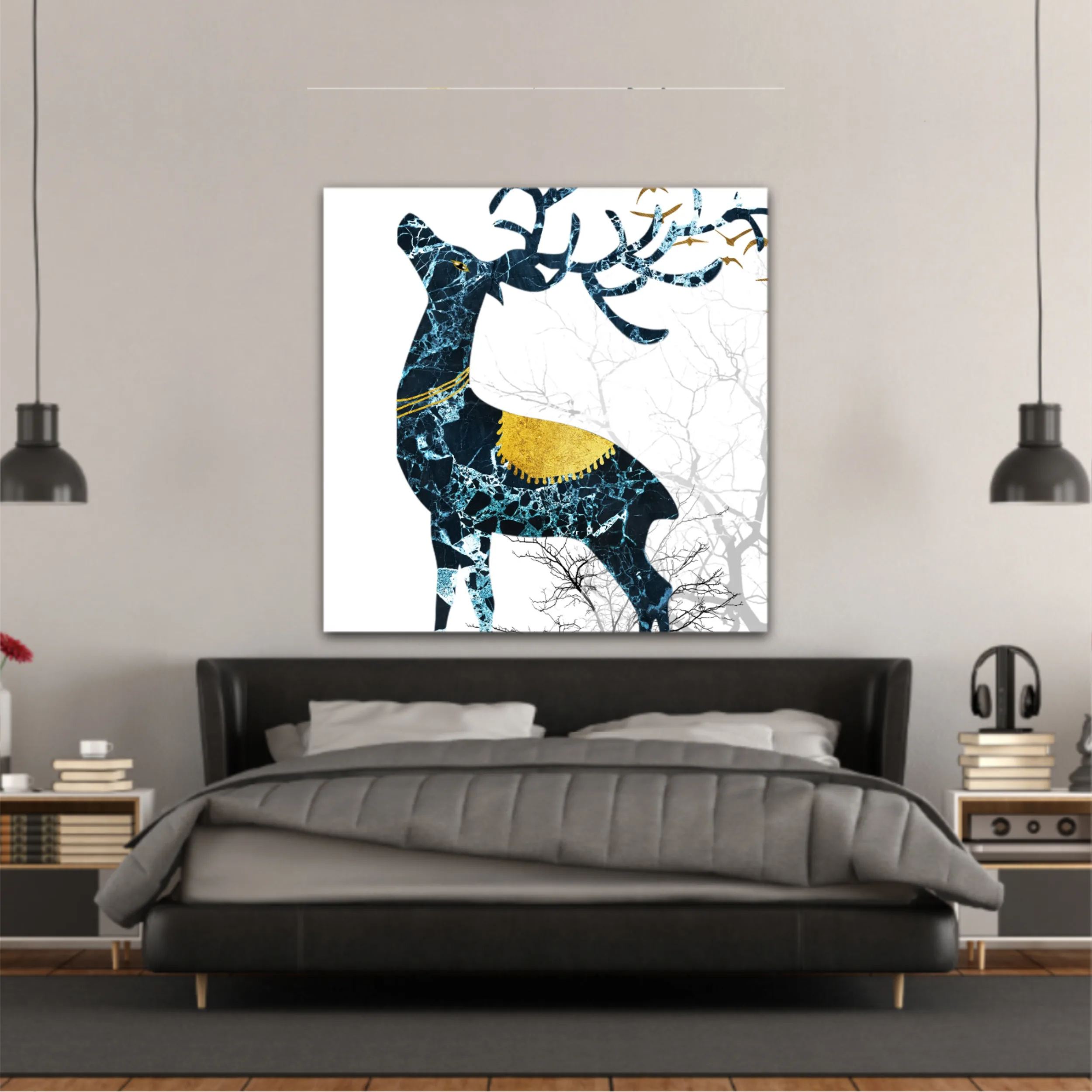 3d illustration of green deer on the mountain and dry trees