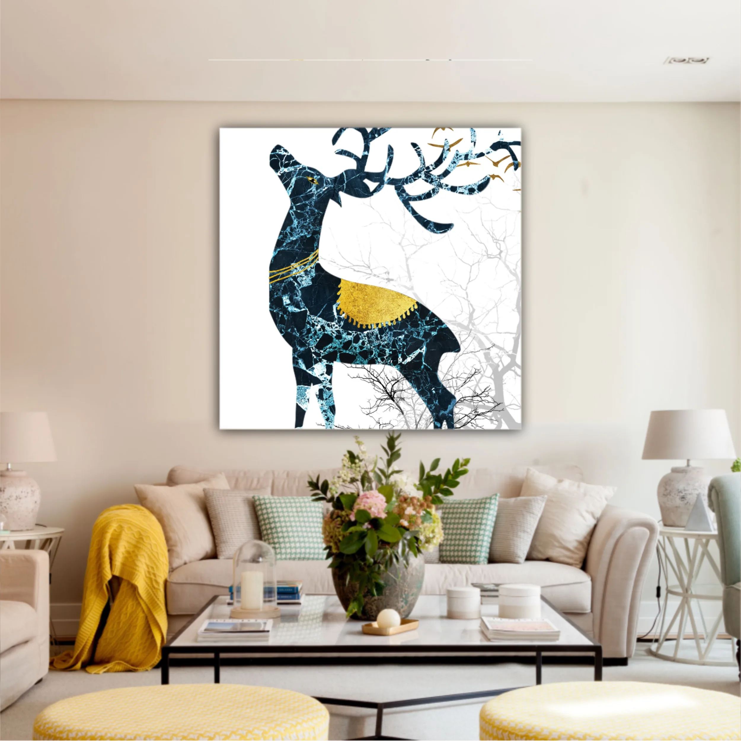 3d illustration of green deer on the mountain and dry trees