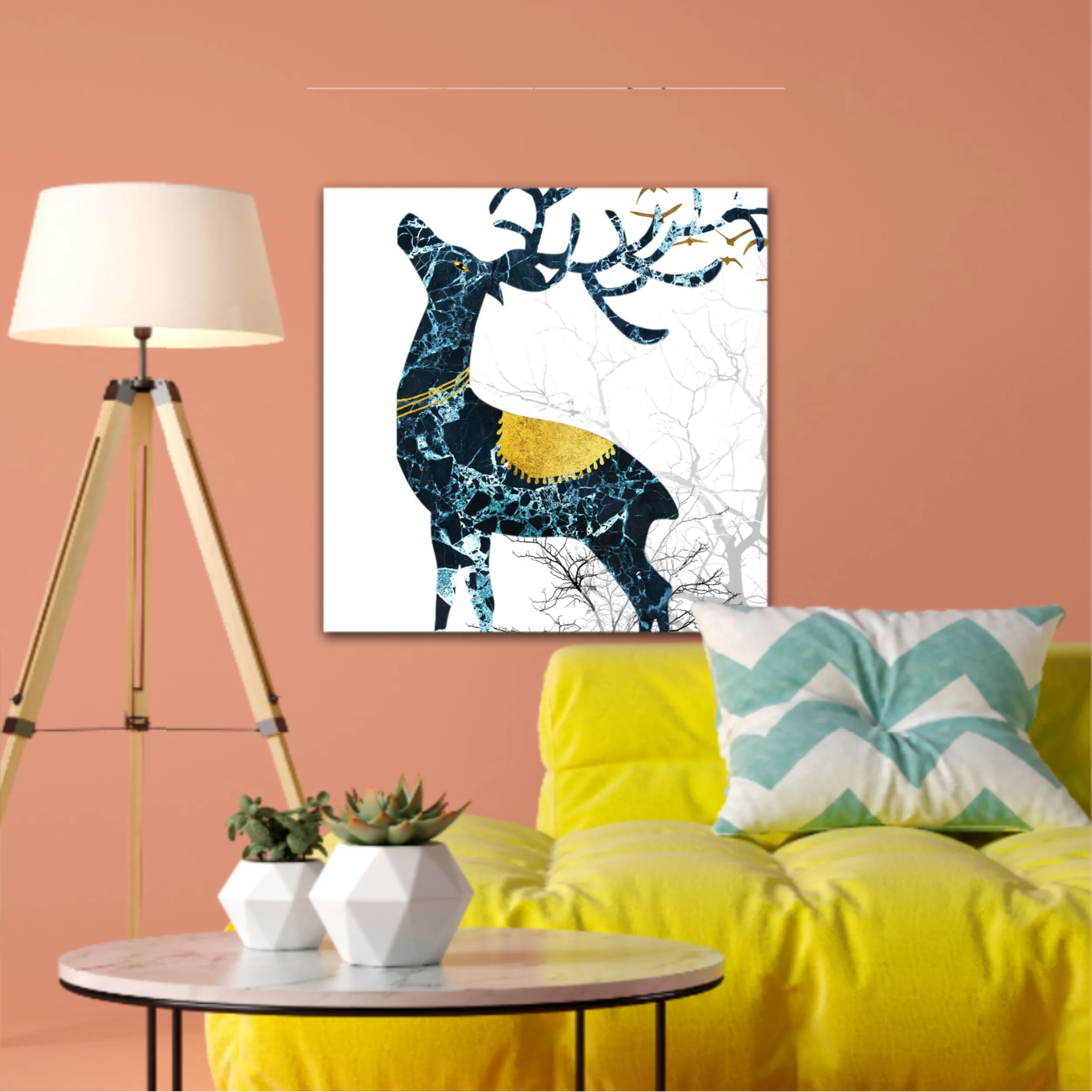 3d illustration of green deer on the mountain and dry trees