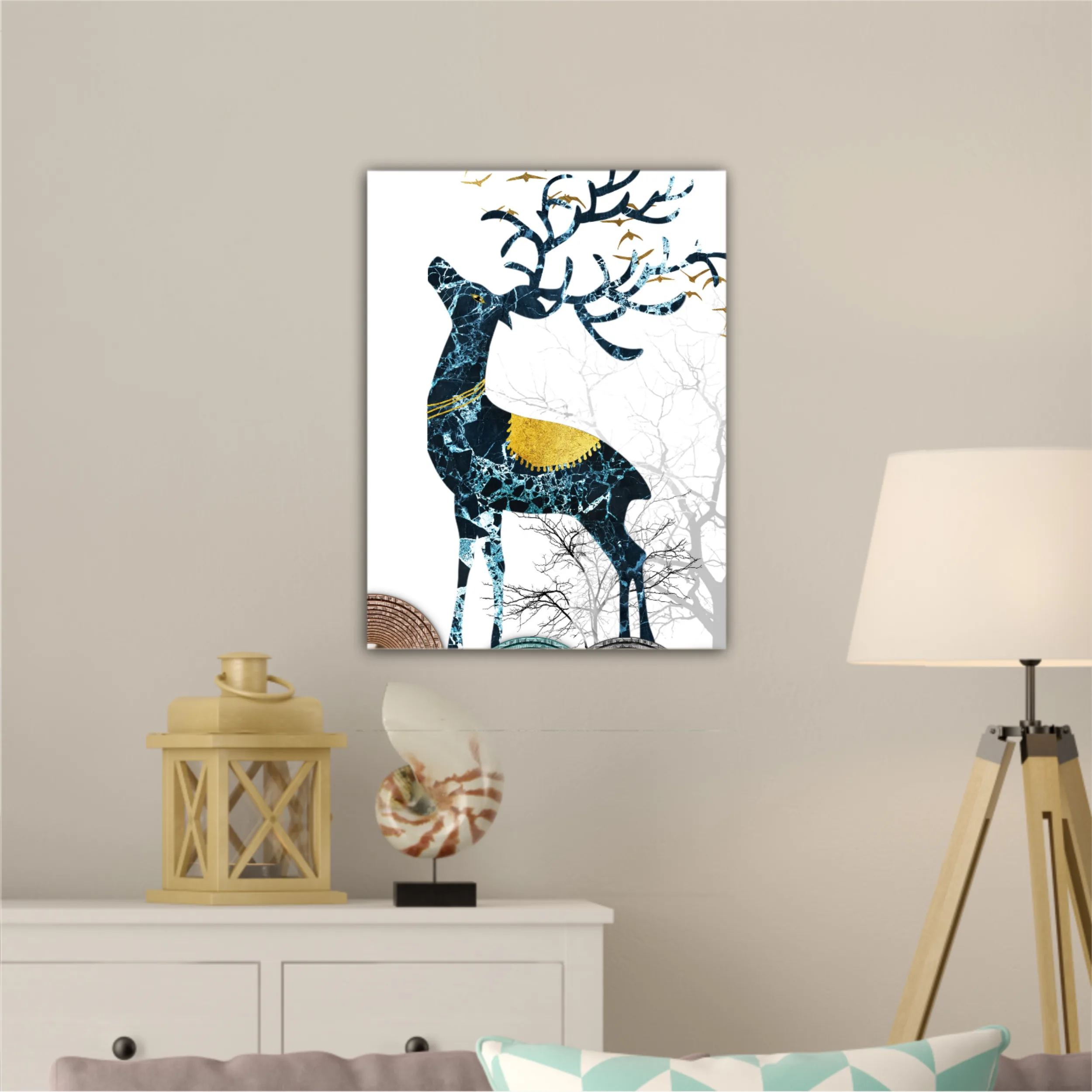 3d illustration of green deer on the mountain and dry trees