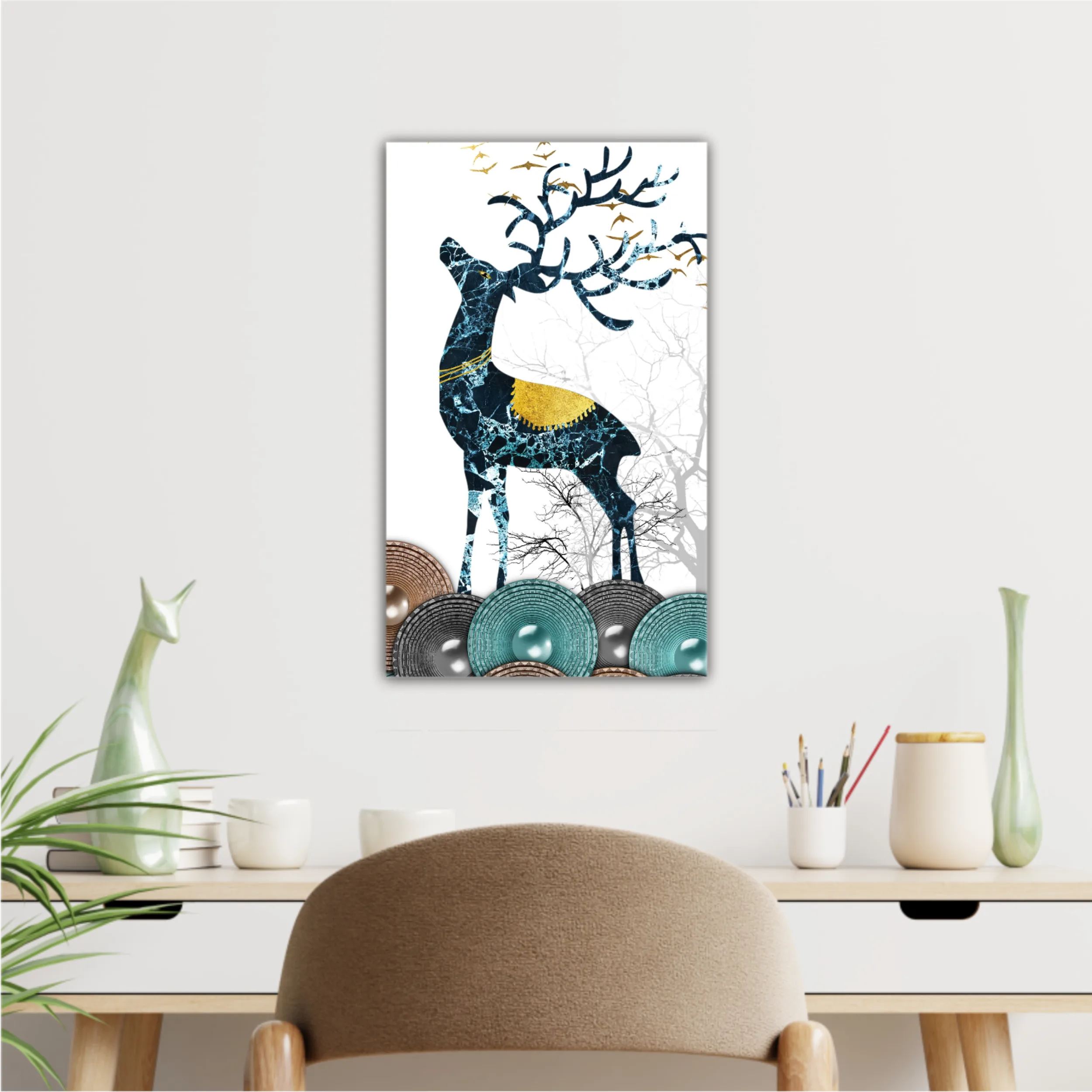 3d illustration of green deer on the mountain and dry trees